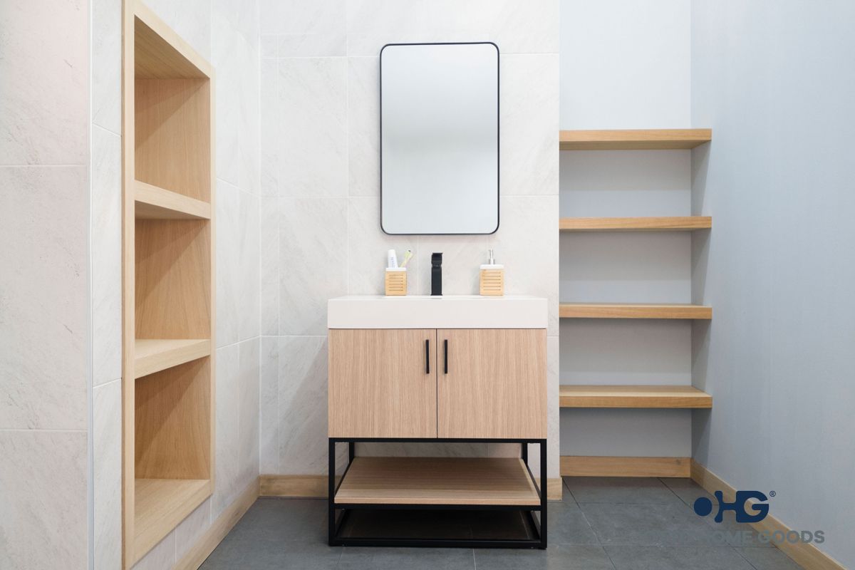 Solana 30" Natural Oak Bathroom Vanity with Quartz Top & Metal Legs