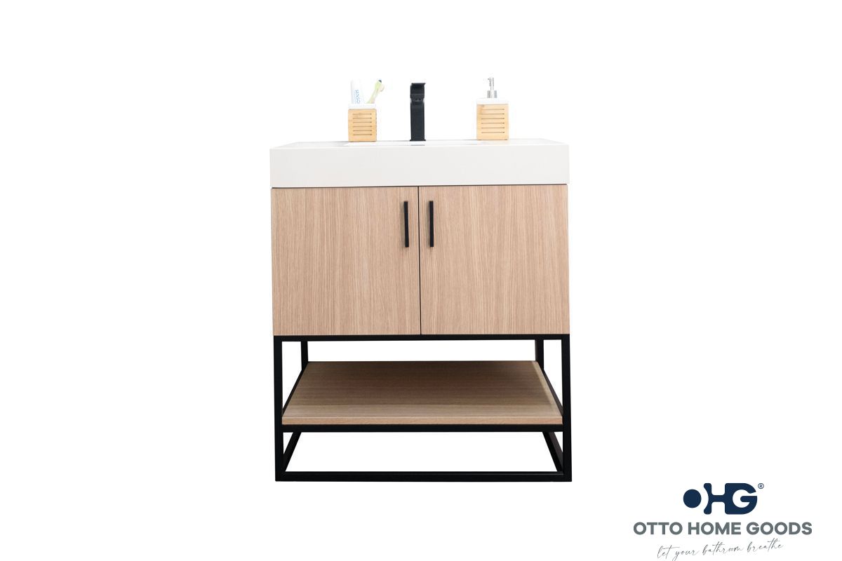 Solana 30" Natural Oak Bathroom Vanity with Quartz Top & Metal Legs
