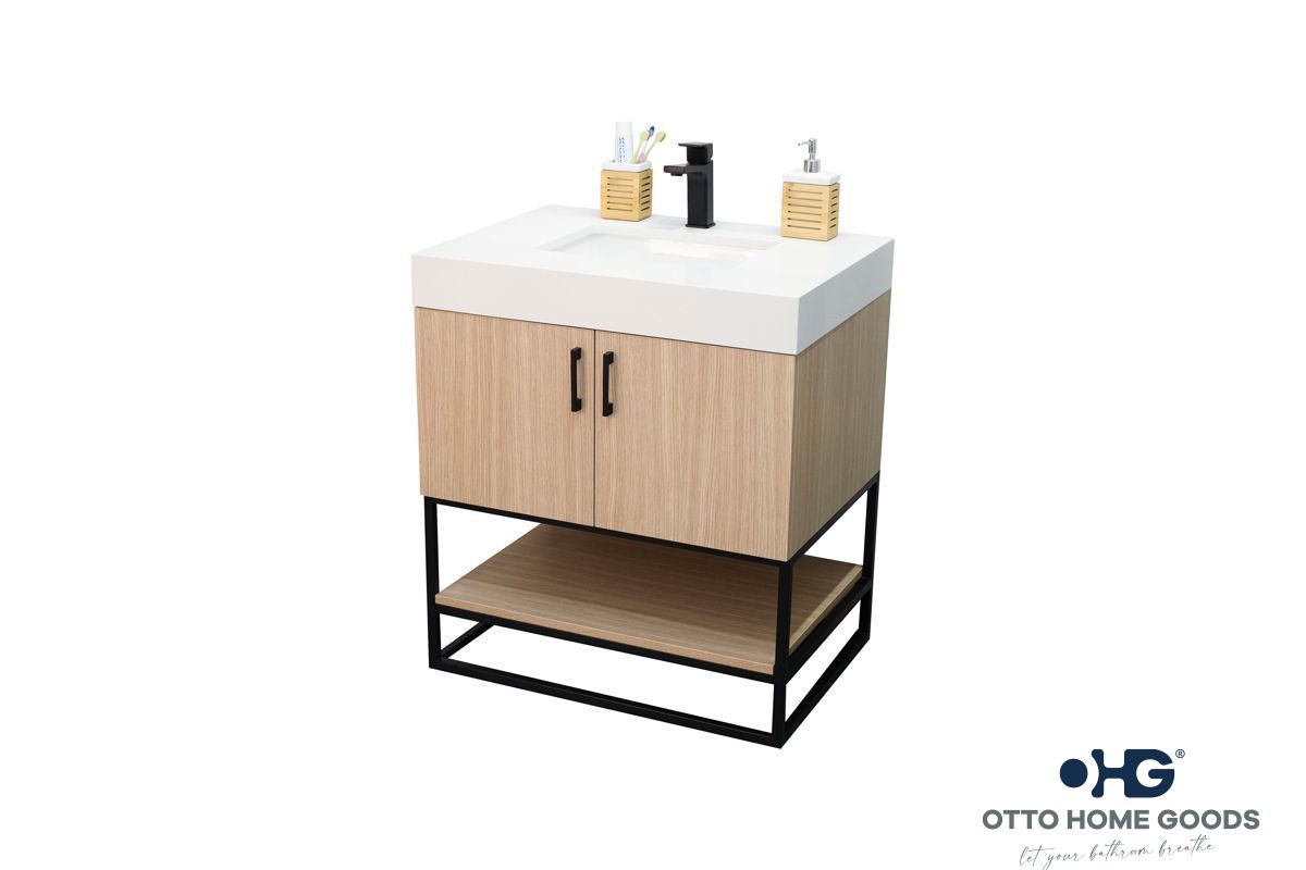Solana 30" Natural Oak Bathroom Vanity with Quartz Top & Metal Legs