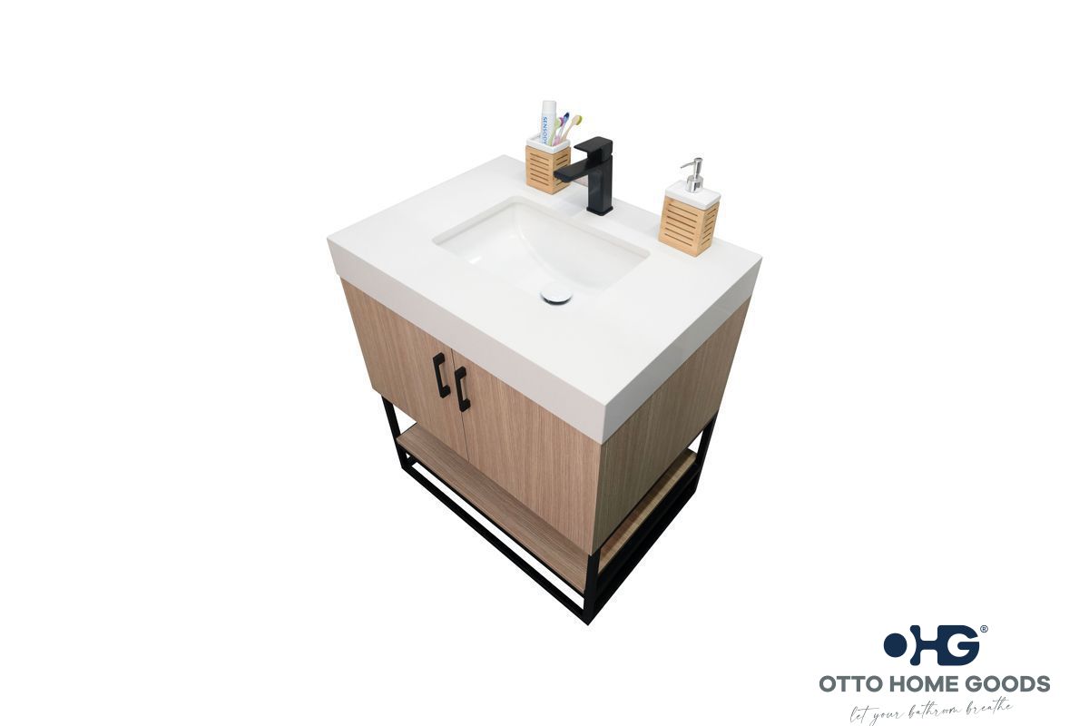 Solana 30" Natural Oak Bathroom Vanity with Quartz Top & Metal Legs