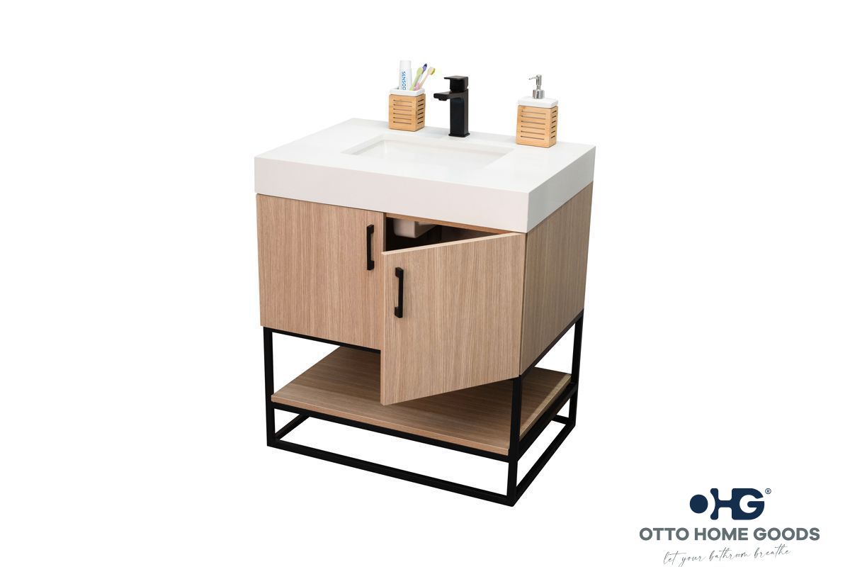 Solana 30" Natural Oak Bathroom Vanity with Quartz Top & Metal Legs