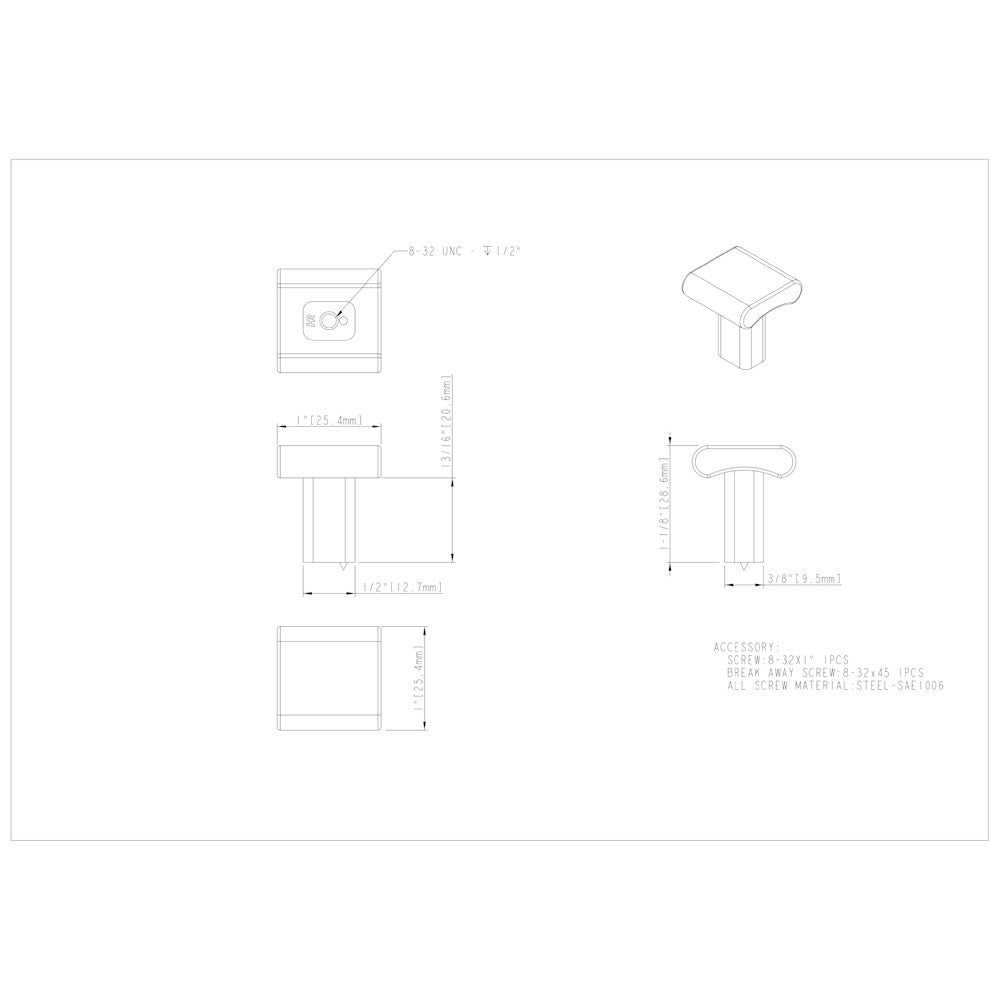Hardware Resources 1" Overall Length Satin Nickel Square Park Cabinet Knob