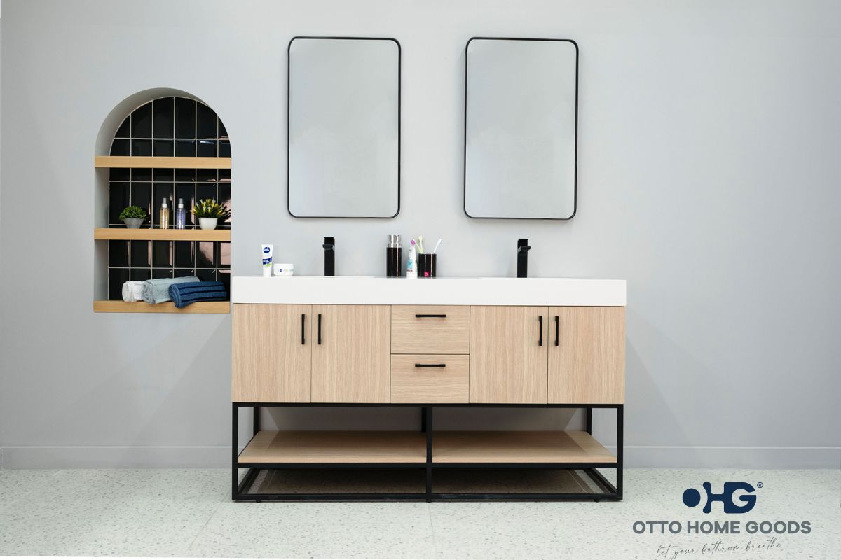Otto Home Goods Solana Natural Oak 60" Double Bowls Bathroom Cabinet with Pure White Quartz Top