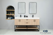 Otto Home Goods Solana Natural Oak 60" Double Bowls Bathroom Cabinet with Pure White Quartz Top