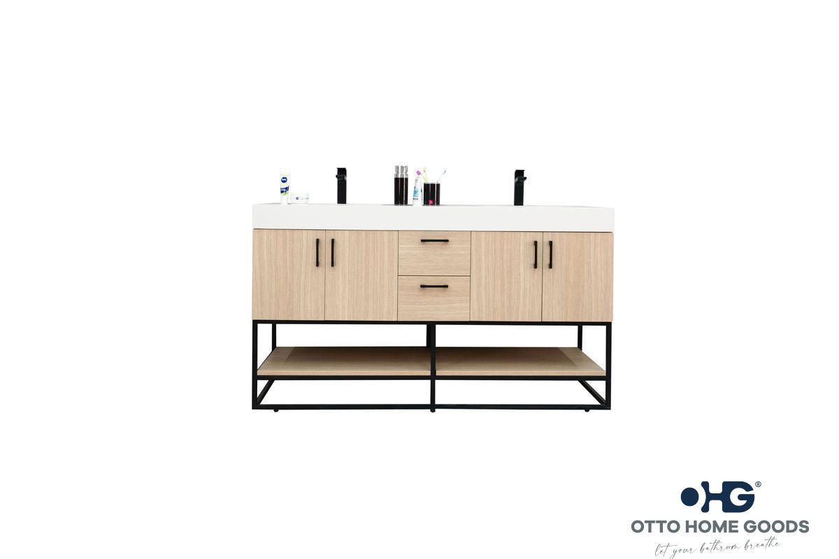 Otto Home Goods Solana Natural Oak 60" Double Bowls Bathroom Cabinet with Pure White Quartz Top