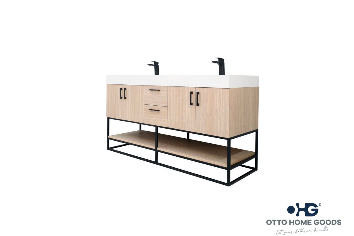 Otto Home Goods Solana Natural Oak 60" Double Bowls Bathroom Cabinet with Pure White Quartz Top