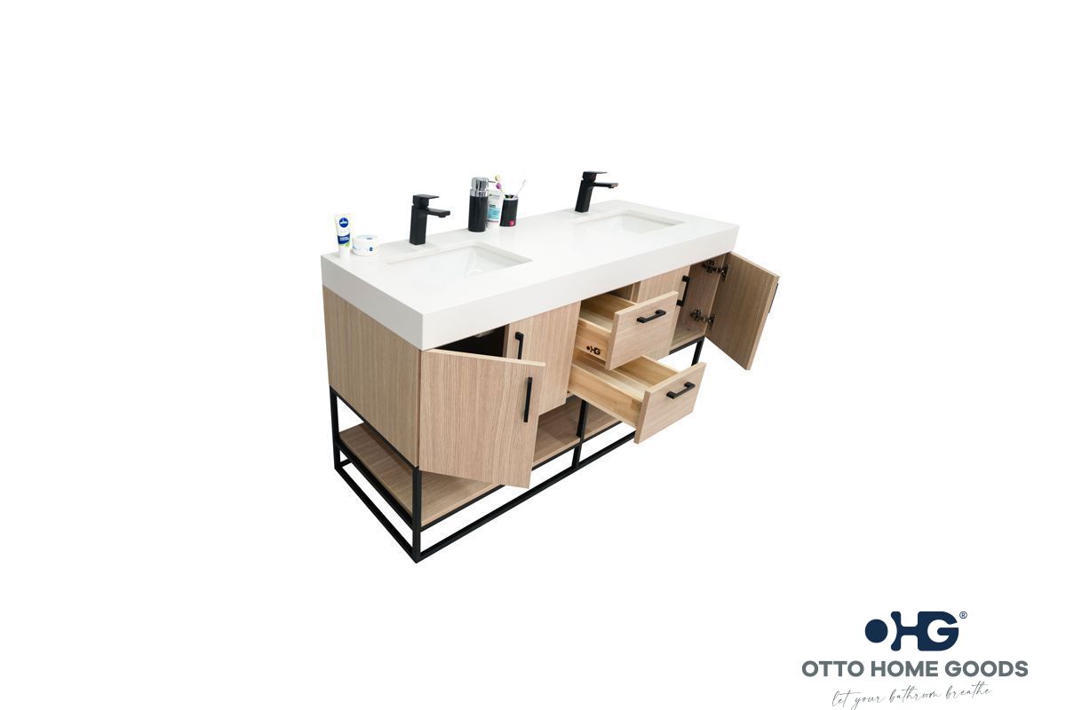 Otto Home Goods Solana Natural Oak 60" Double Bowls Bathroom Cabinet with Pure White Quartz Top