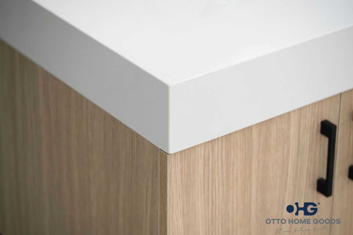Otto Home Goods Solana Natural Oak 60" Double Bowls Bathroom Cabinet with Pure White Quartz Top