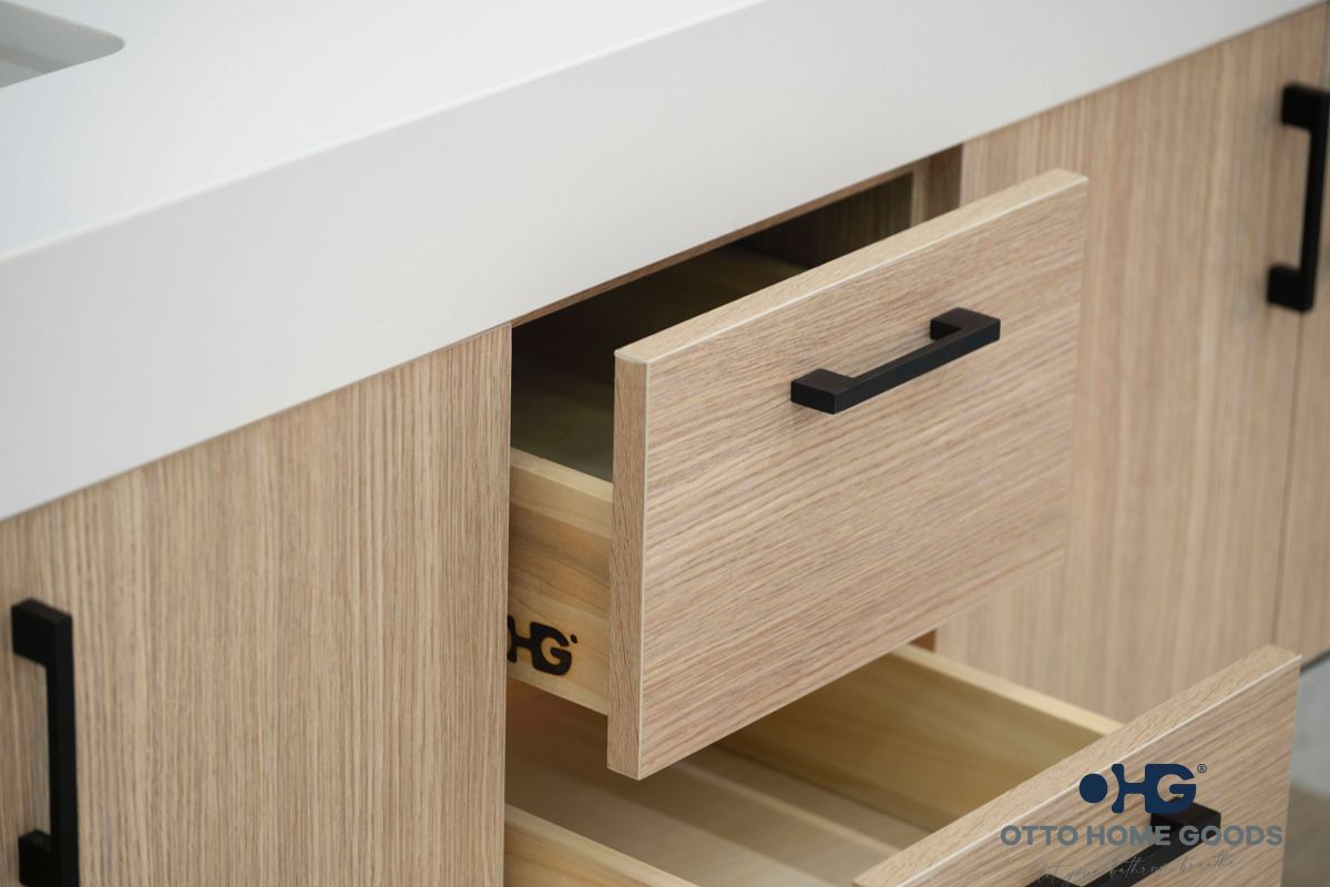 Otto Home Goods Solana Natural Oak 60" Double Bowls Bathroom Cabinet with Pure White Quartz Top