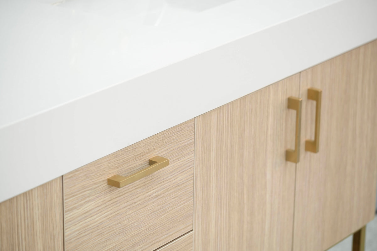 Otto Home Goods Solana Natural Oak 60" Double Bowls Bathroom Cabinet with Pure White Quartz Top