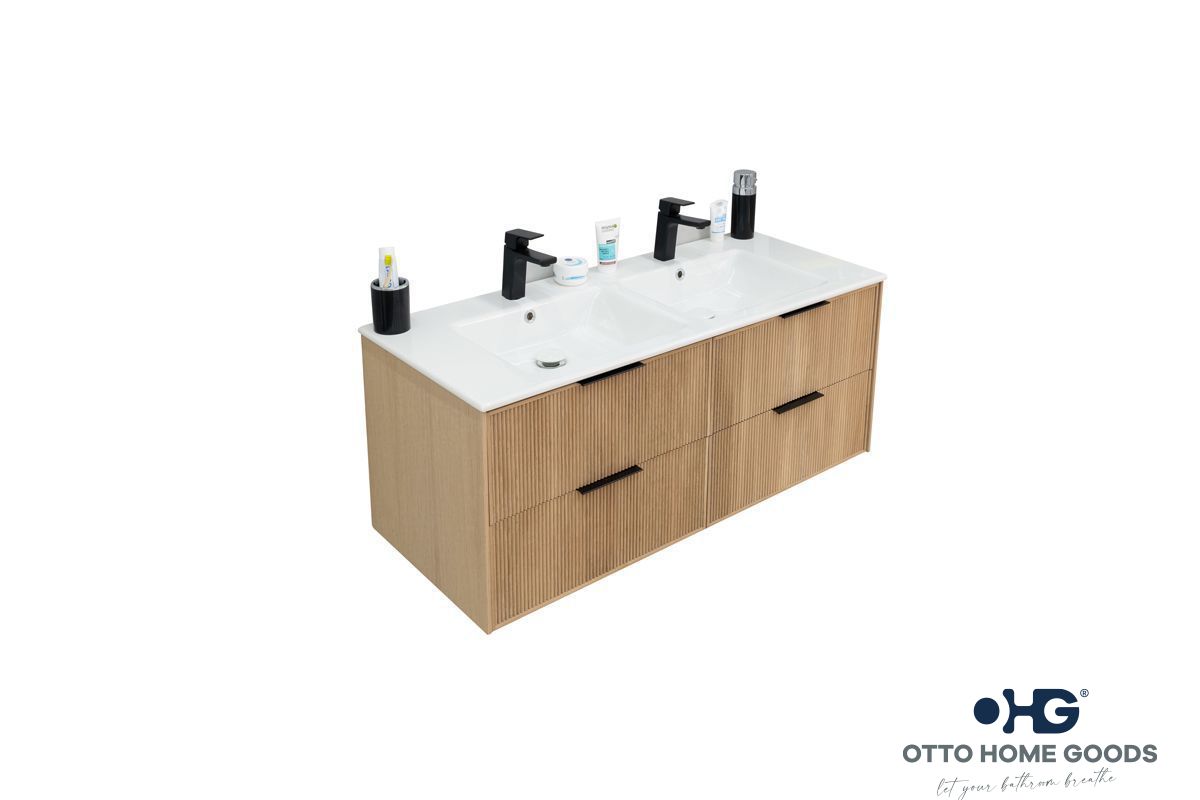 Sorrento 48" Natural Oak Floating Double Sink Bathroom Vanity