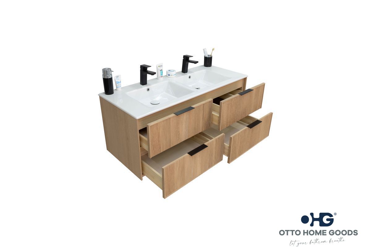 Sorrento 48" Natural Oak Floating Double Sink Bathroom Vanity