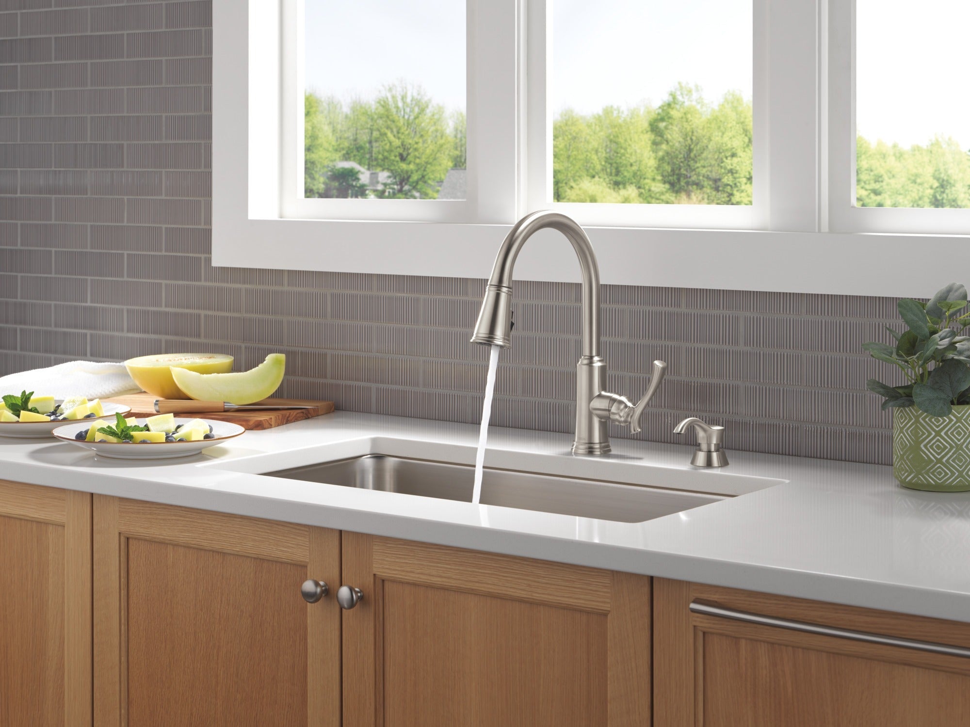 Delta Lakeview® Single Handle Pull-Down Kitchen Faucet with Soap Dispenser and ShieldSpray® Technology