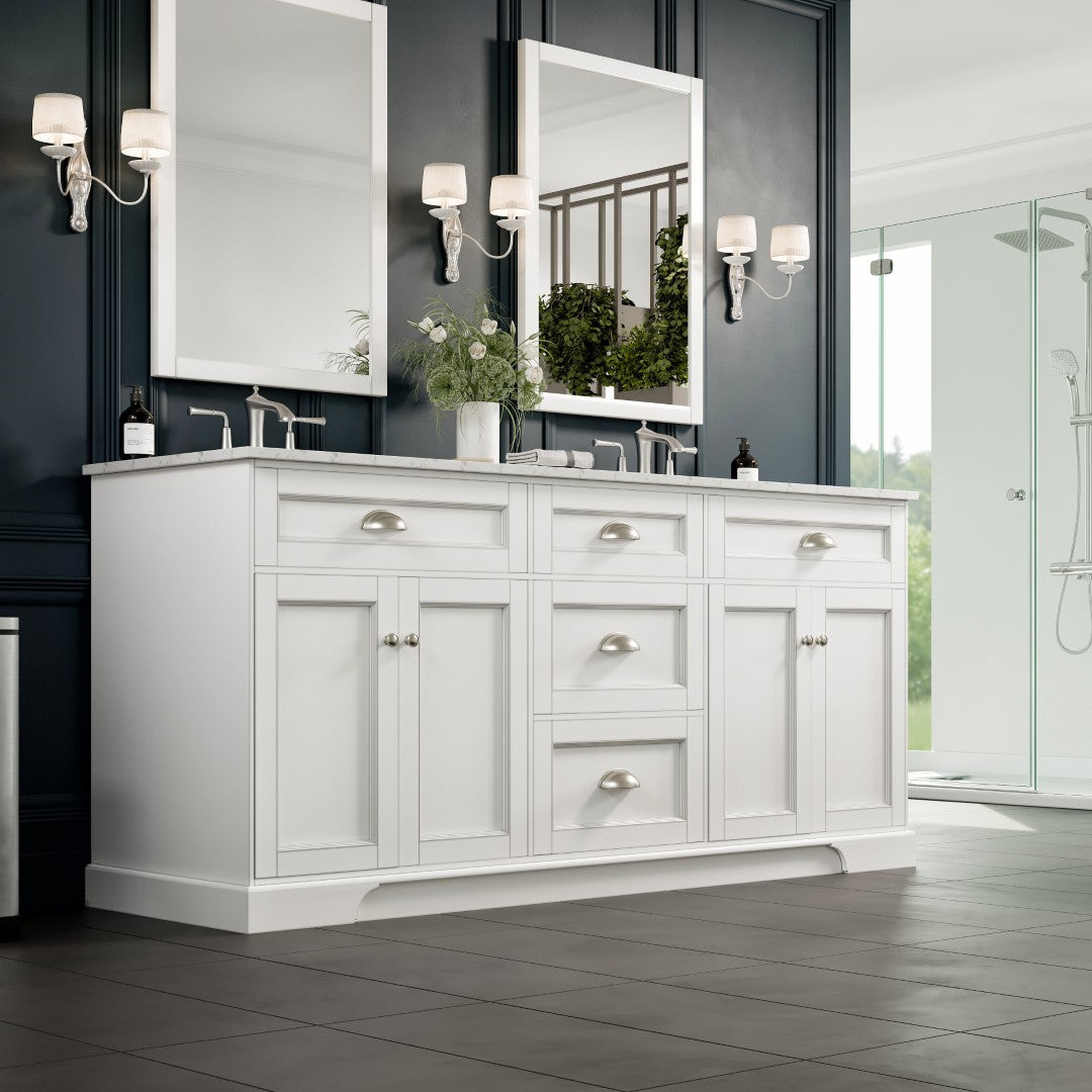 Eviva Epic Bath Vanity with Carrara Quartz Top and Undermount Porcelain Sinks (48"-100")