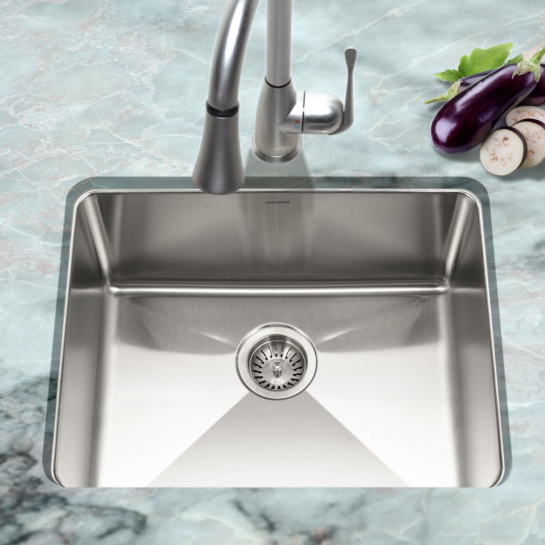 Houzer Nouvelle 23" Stainless Steel Undermount Single Bowl Kitchen Sink with Strainer & Grid
