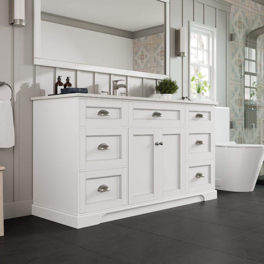 Eviva Epic Bath Vanity with Carrara Quartz Top and Undermount Porcelain Sinks (48"-100")