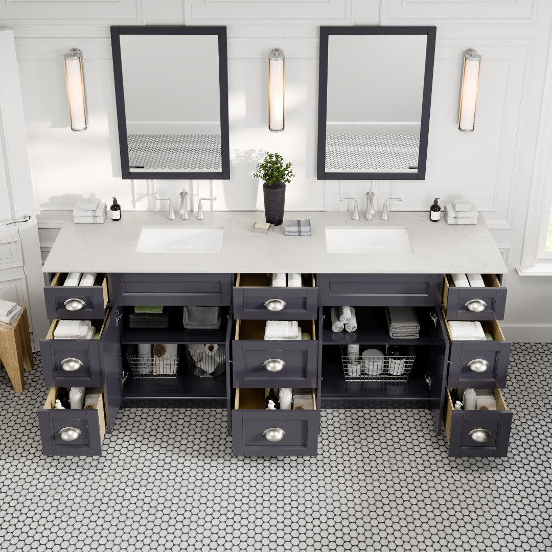 Eviva Epic Bath Vanity with Carrara Quartz Top and Undermount Porcelain Sinks (48"-100")