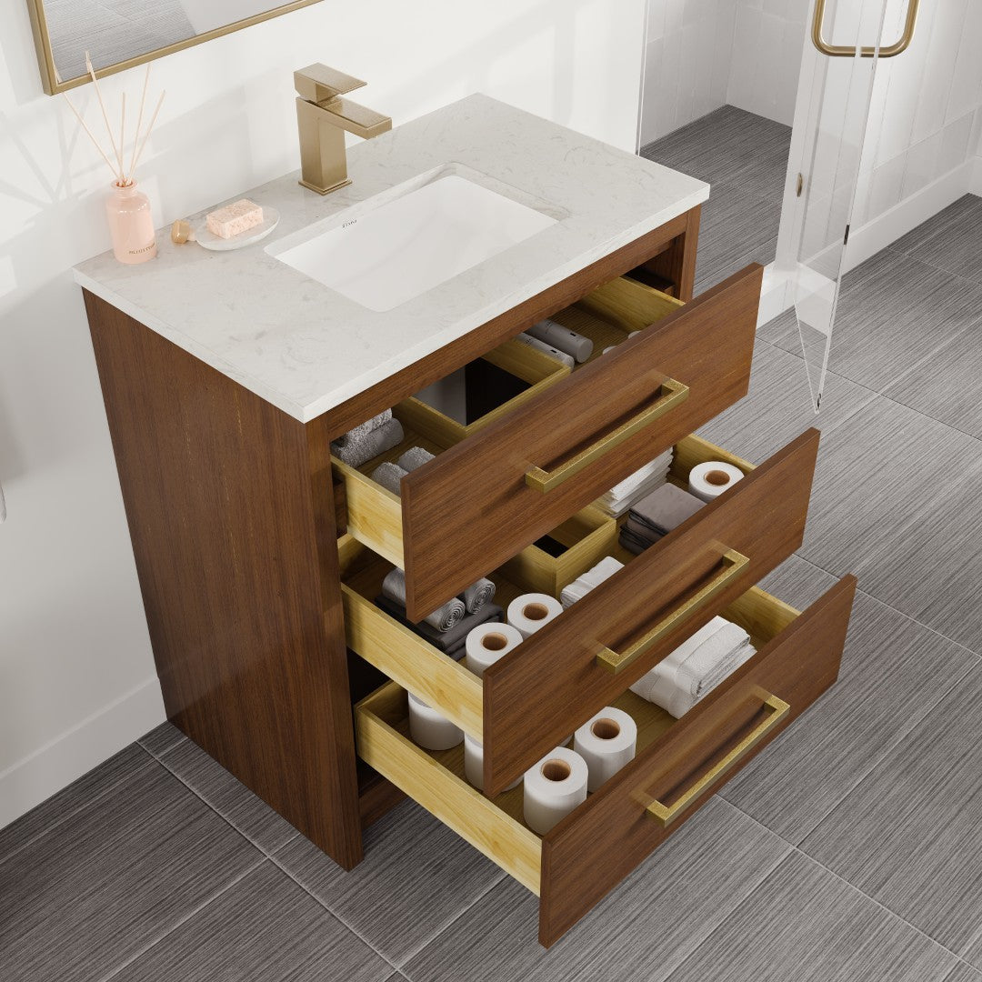 Eviva Curio Bath Vanity with Carrara Quartz Top and Undermount Porcelain Sink (24"-60")
