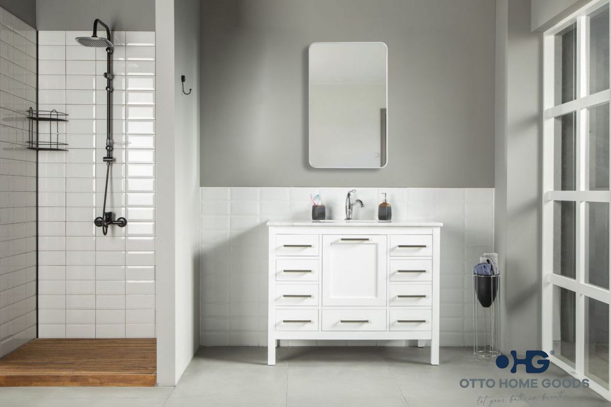 Ashley 42" White Bathroom Vanity with Quartz Top & Brushed Nickel Hardware