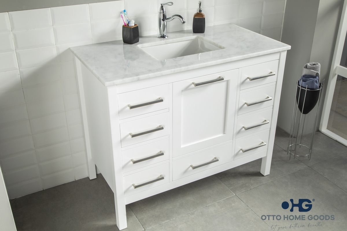 Ashley 42" White Bathroom Vanity with Quartz Top & Brushed Nickel Hardware