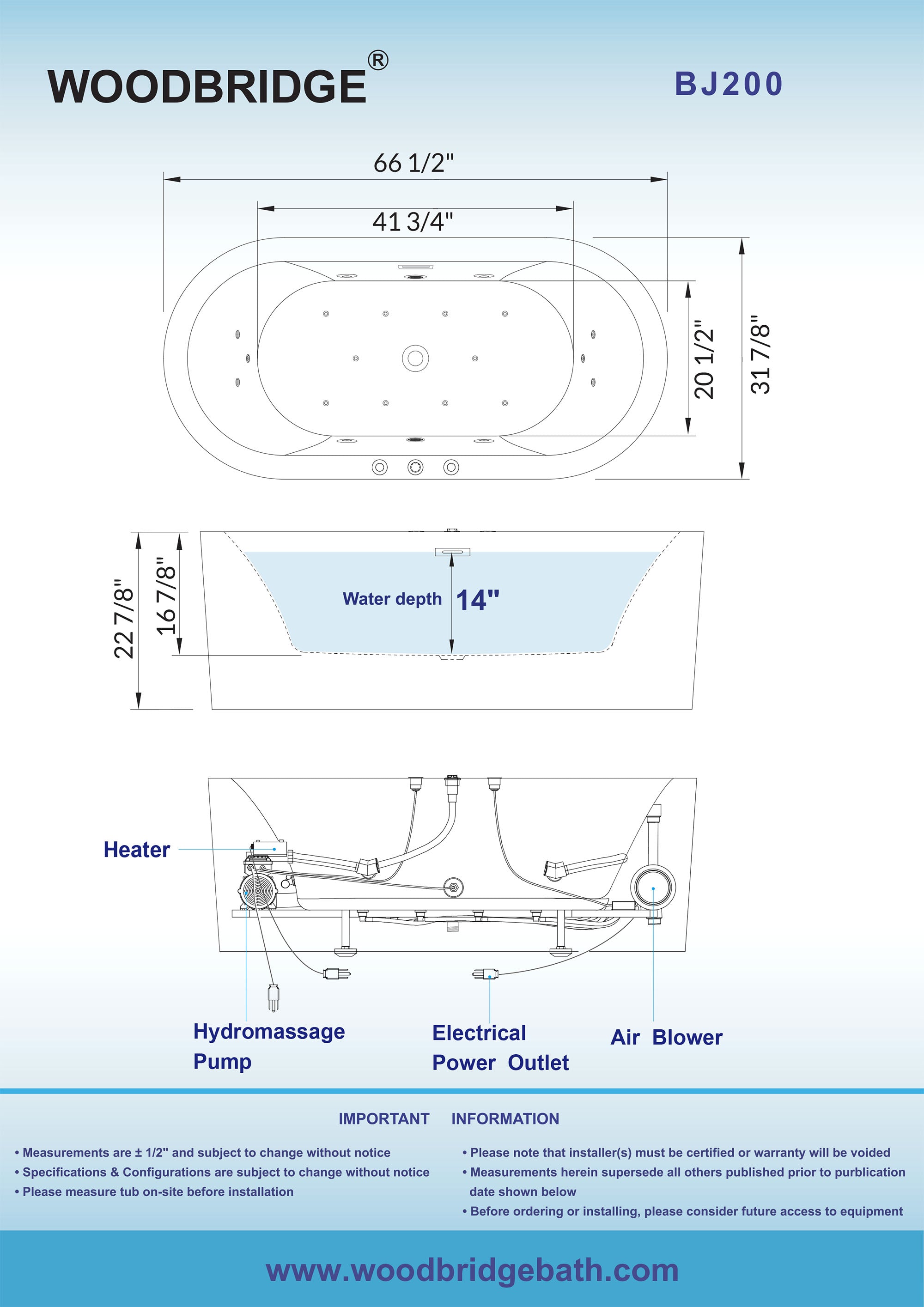 WOODBRIDGE 66-1/2" x 31-7/8" Whirlpool Water Jetted and Air Bubble Freestanding Heated Soaking Combination Bathtub, BJ200