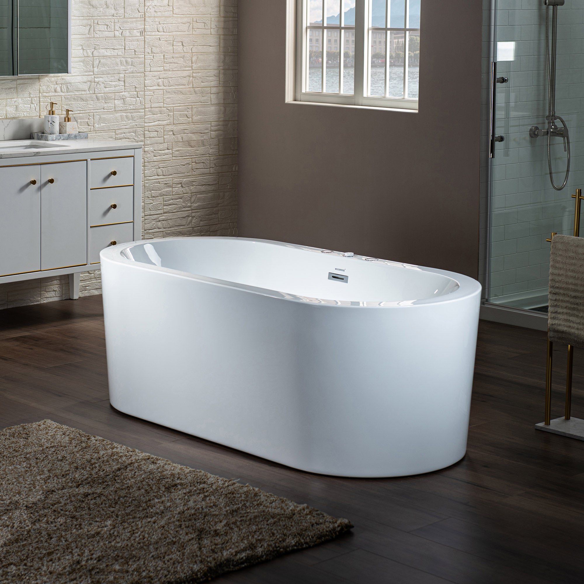 WOODBRIDGE 66-1/2" x 31-7/8" Whirlpool Water Jetted and Air Bubble Freestanding Heated Soaking Combination Bathtub, BJ200