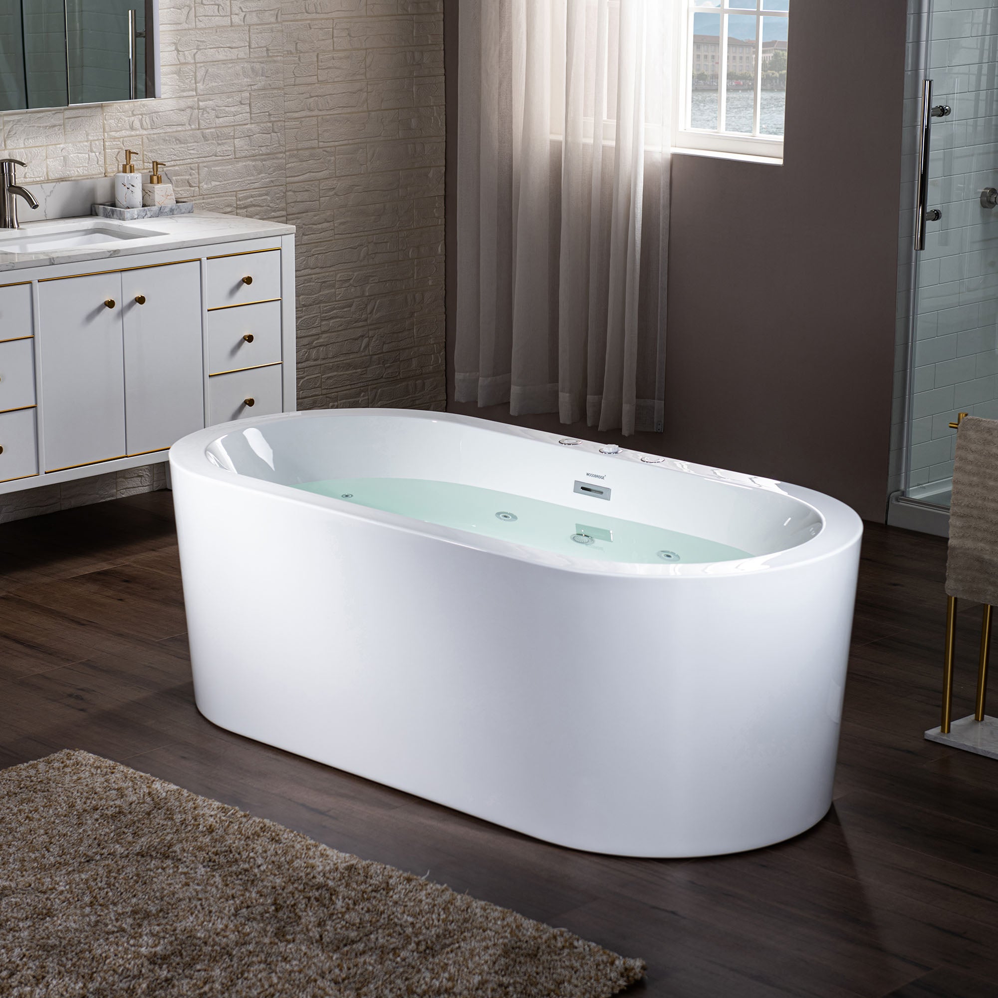 WOODBRIDGE 66-1/2" x 31-7/8" Whirlpool Water Jetted and Air Bubble Freestanding Heated Soaking Combination Bathtub, BJ200