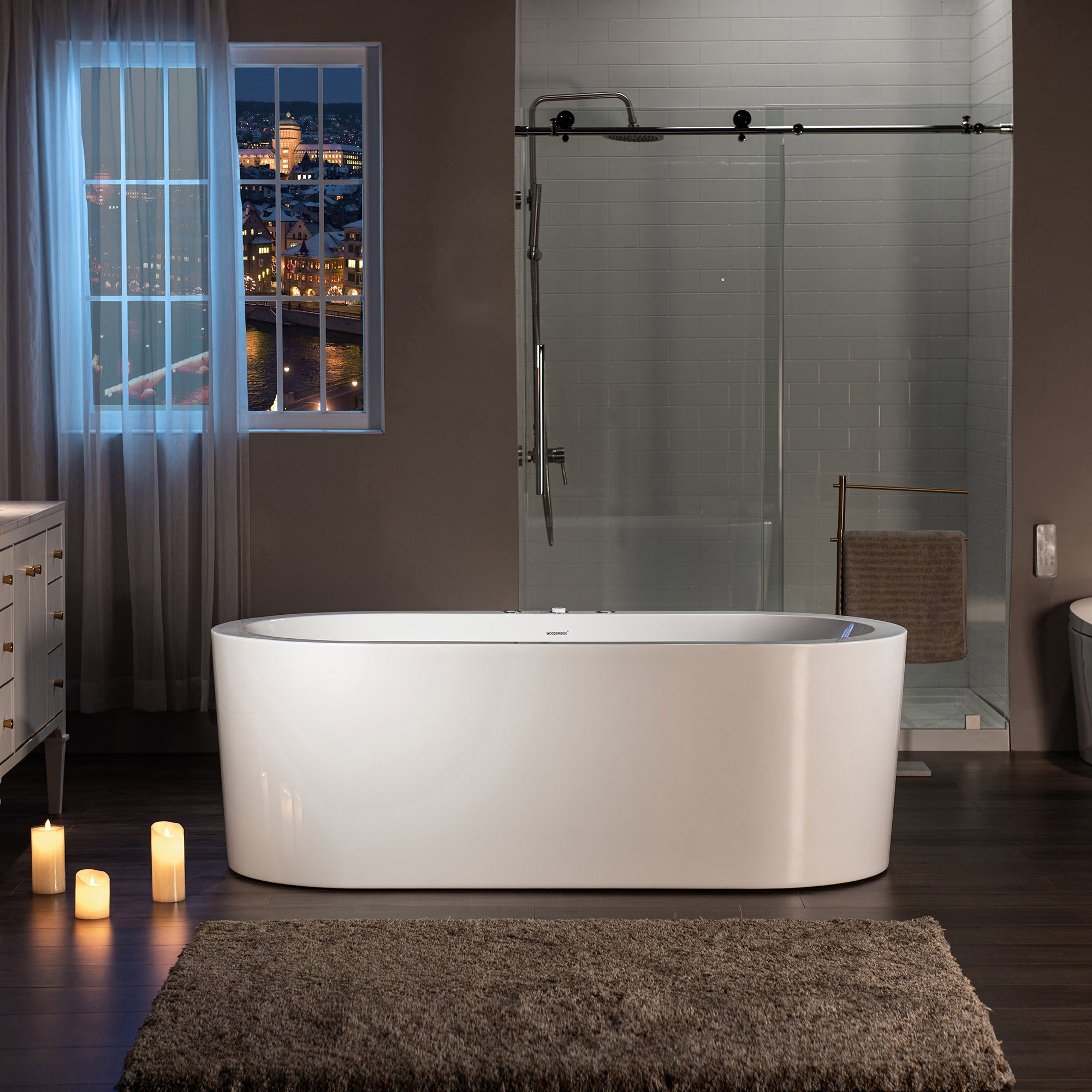 WOODBRIDGE 66-1/2" x 31-7/8" Whirlpool Water Jetted and Air Bubble Freestanding Heated Soaking Combination Bathtub, BJ200