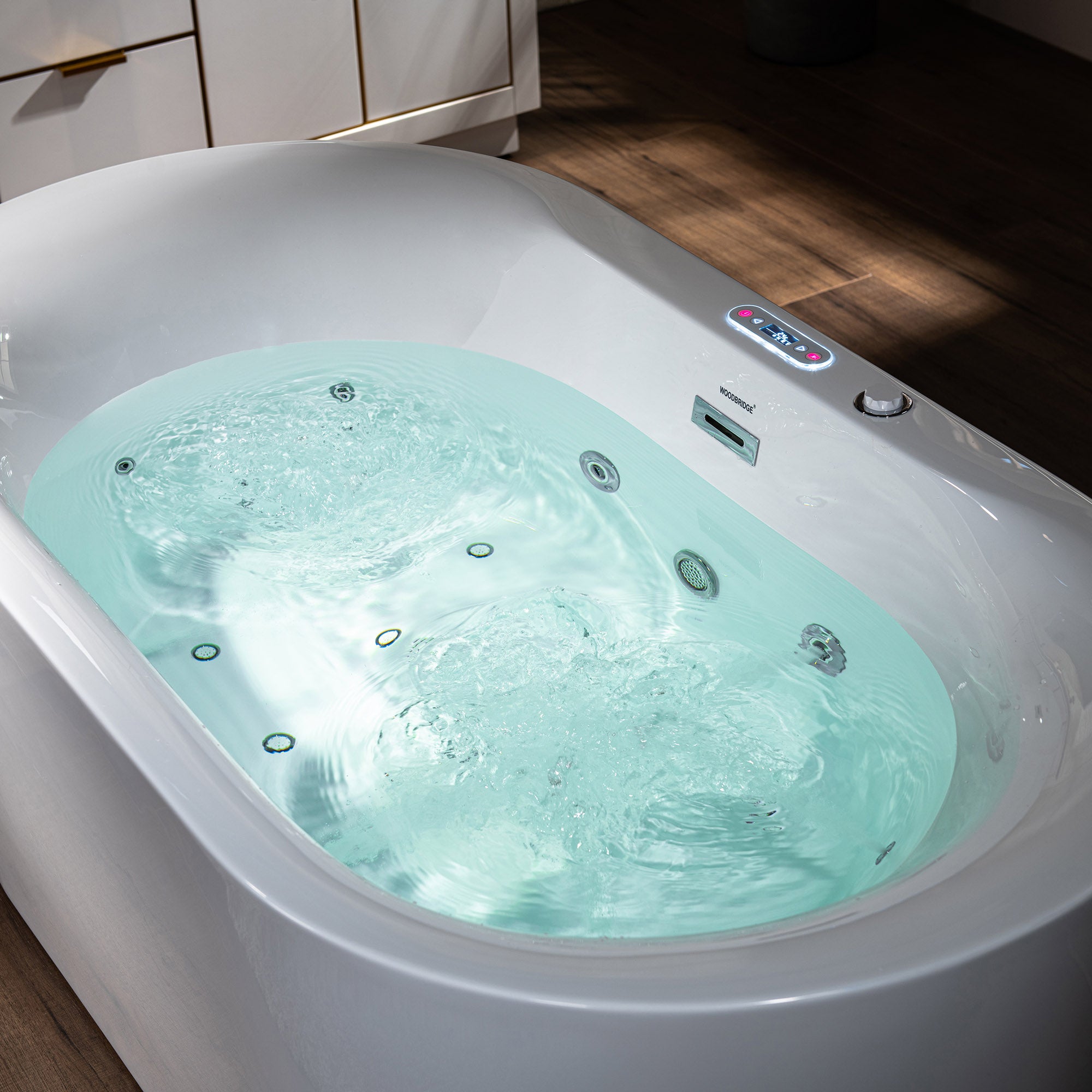 WOODBRIDGE 59" x 31-1/2" Whirlpool Water Jetted and Air Bubble Freestanding Heated Soaking Combination Bathtub with LED control panel
