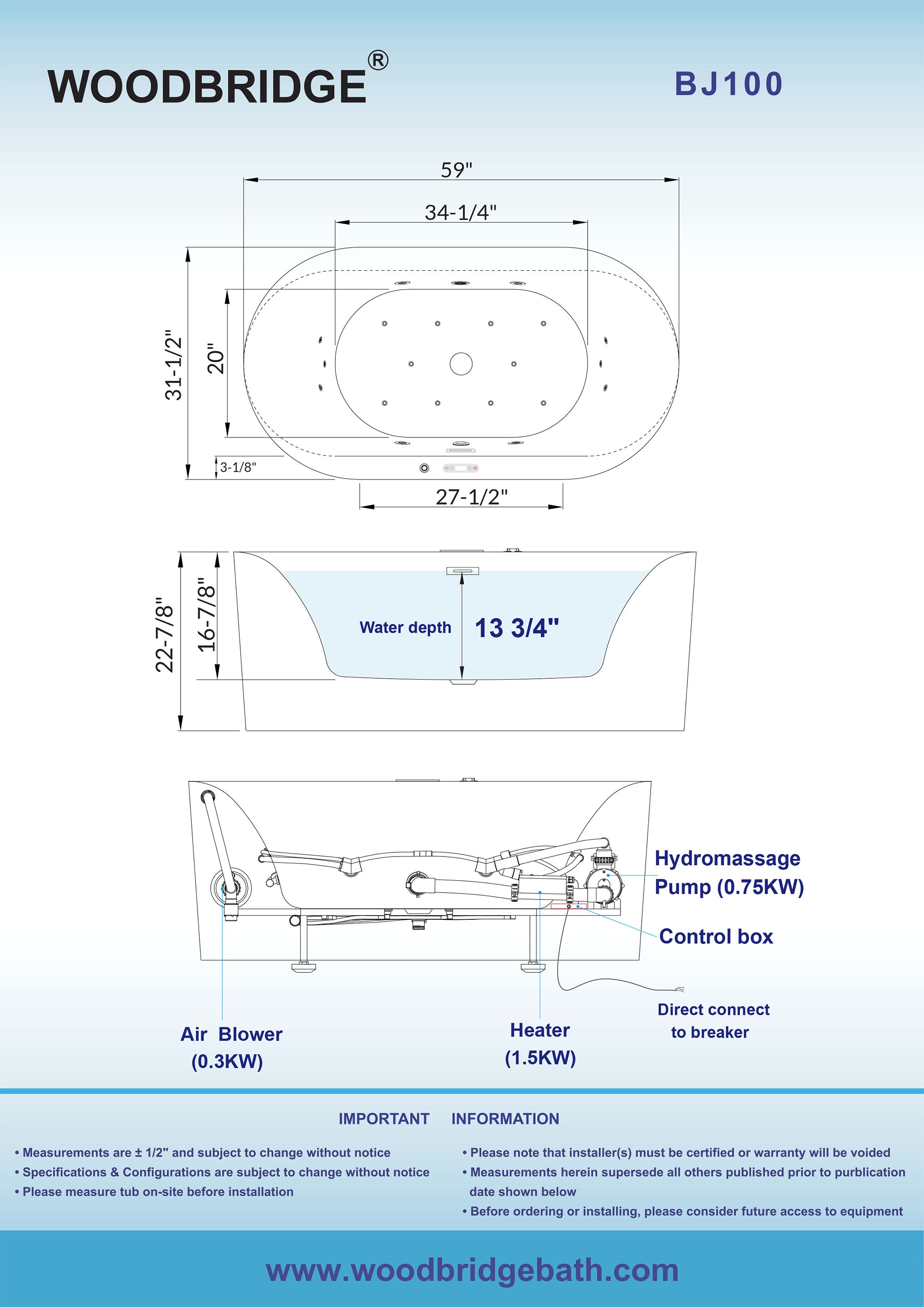 WOODBRIDGE 59" x 31-1/2" Whirlpool Water Jetted and Air Bubble Freestanding Heated Soaking Combination Bathtub with LED control panel