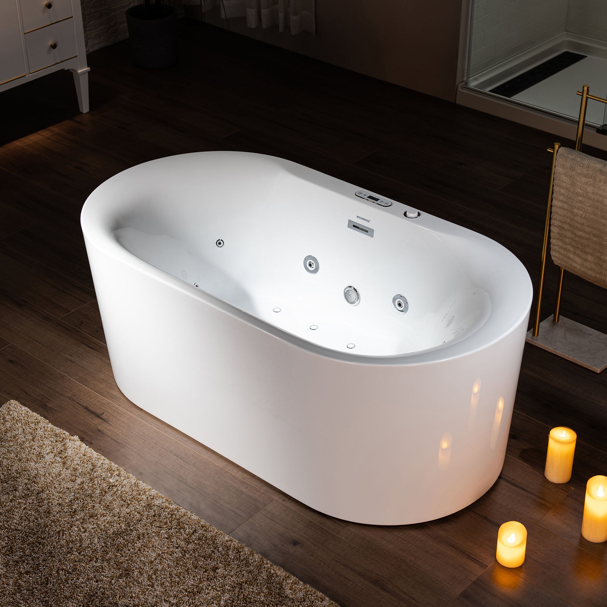 WOODBRIDGE 59" x 31-1/2" Whirlpool Water Jetted and Air Bubble Freestanding Heated Soaking Combination Bathtub with LED control panel