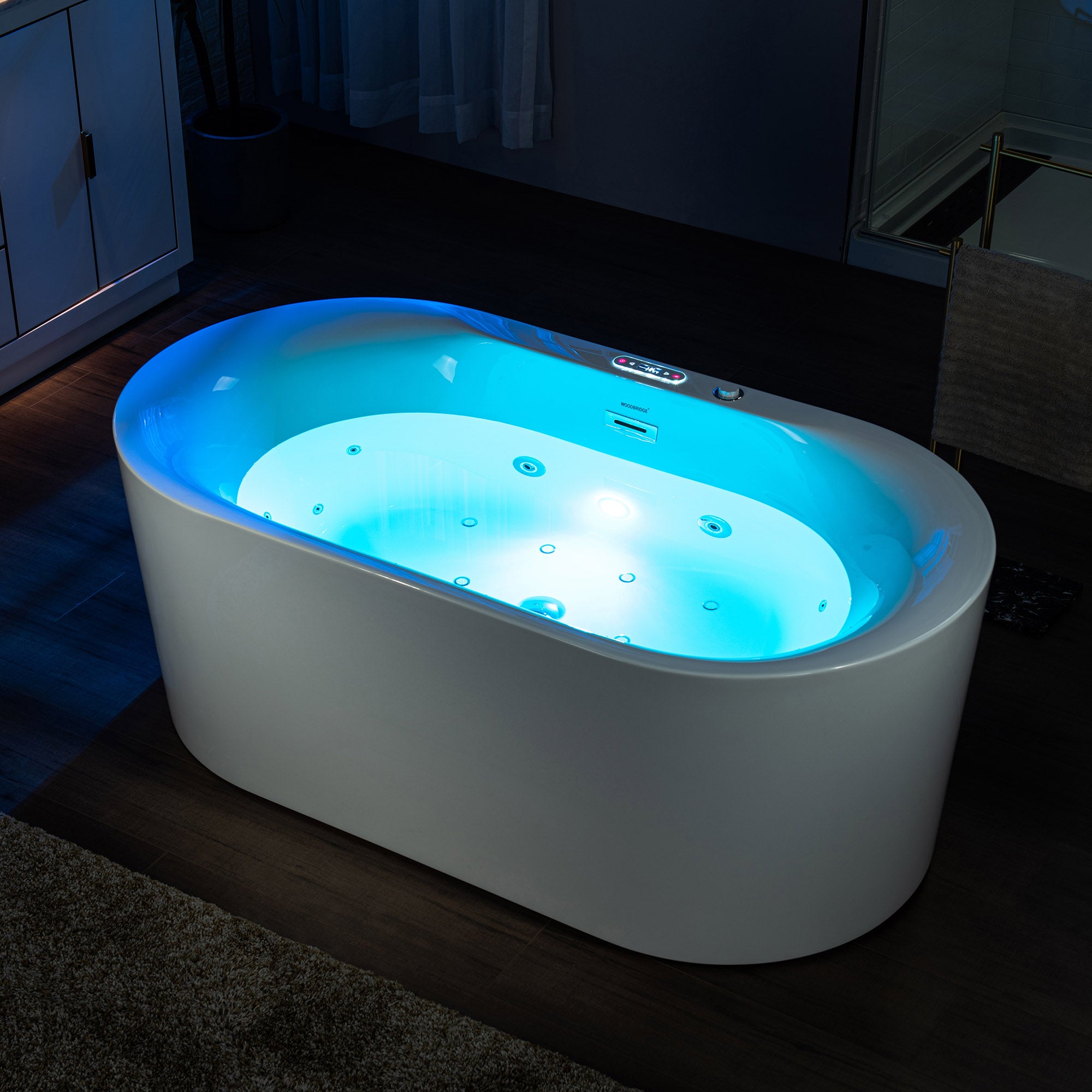 WOODBRIDGE 59" x 31-1/2" Whirlpool Water Jetted and Air Bubble Freestanding Heated Soaking Combination Bathtub with LED control panel