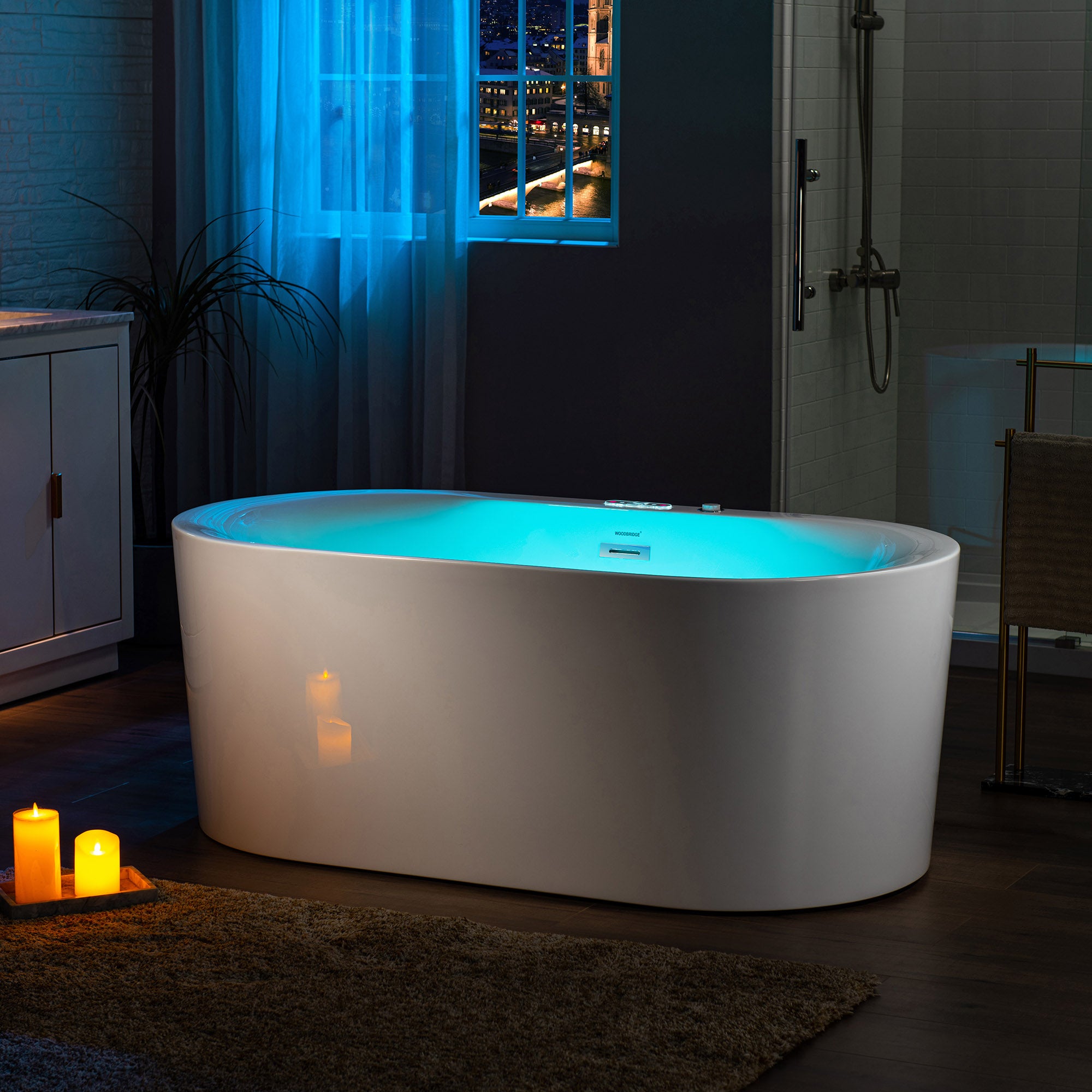 WOODBRIDGE 59" x 31-1/2" Whirlpool Water Jetted and Air Bubble Freestanding Heated Soaking Combination Bathtub with LED control panel