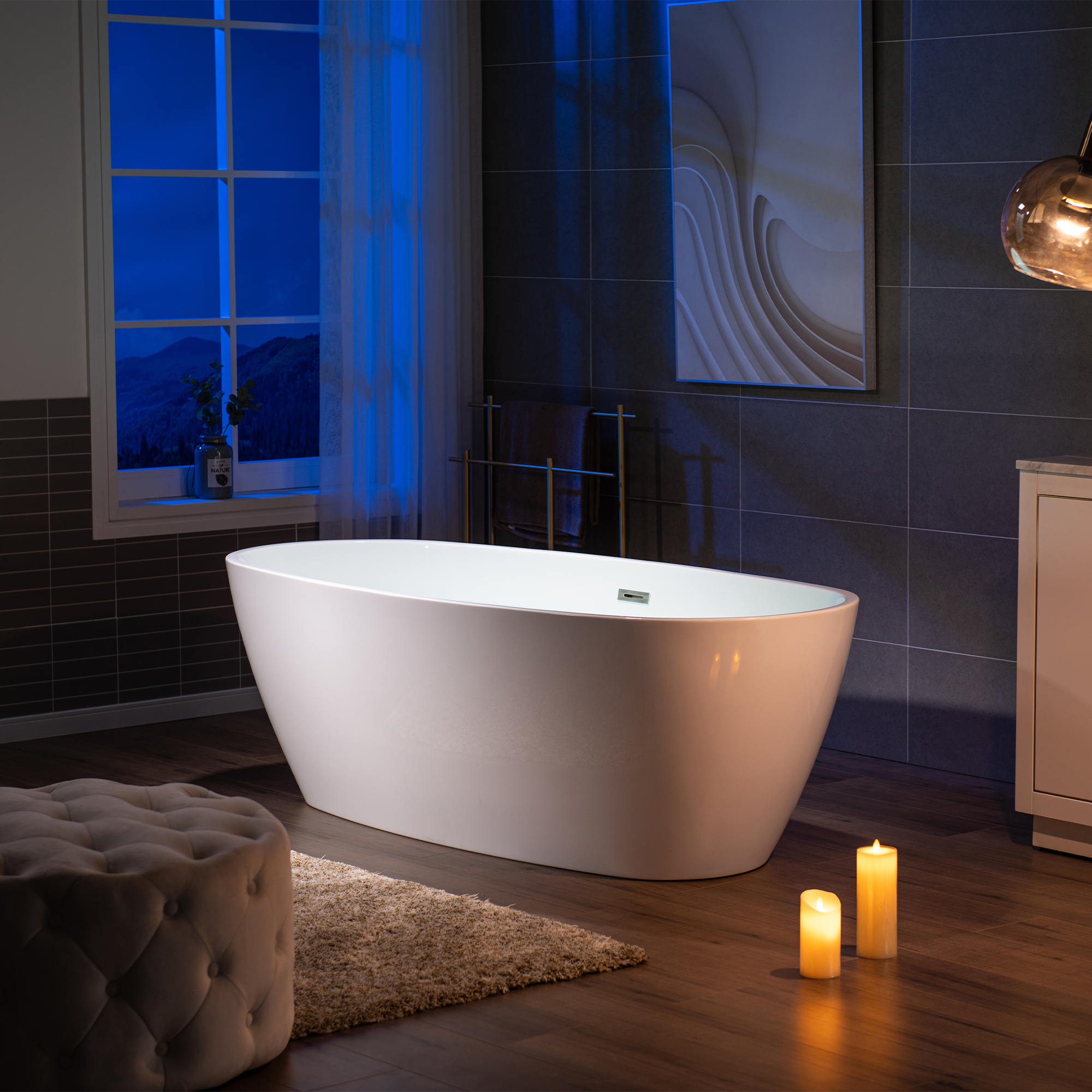 WOODBRIDGE 71" Acrylic Freestanding Bathtub Contemporary Soaking Tub with Brushed Nickel Overflow and Drain,White Tub