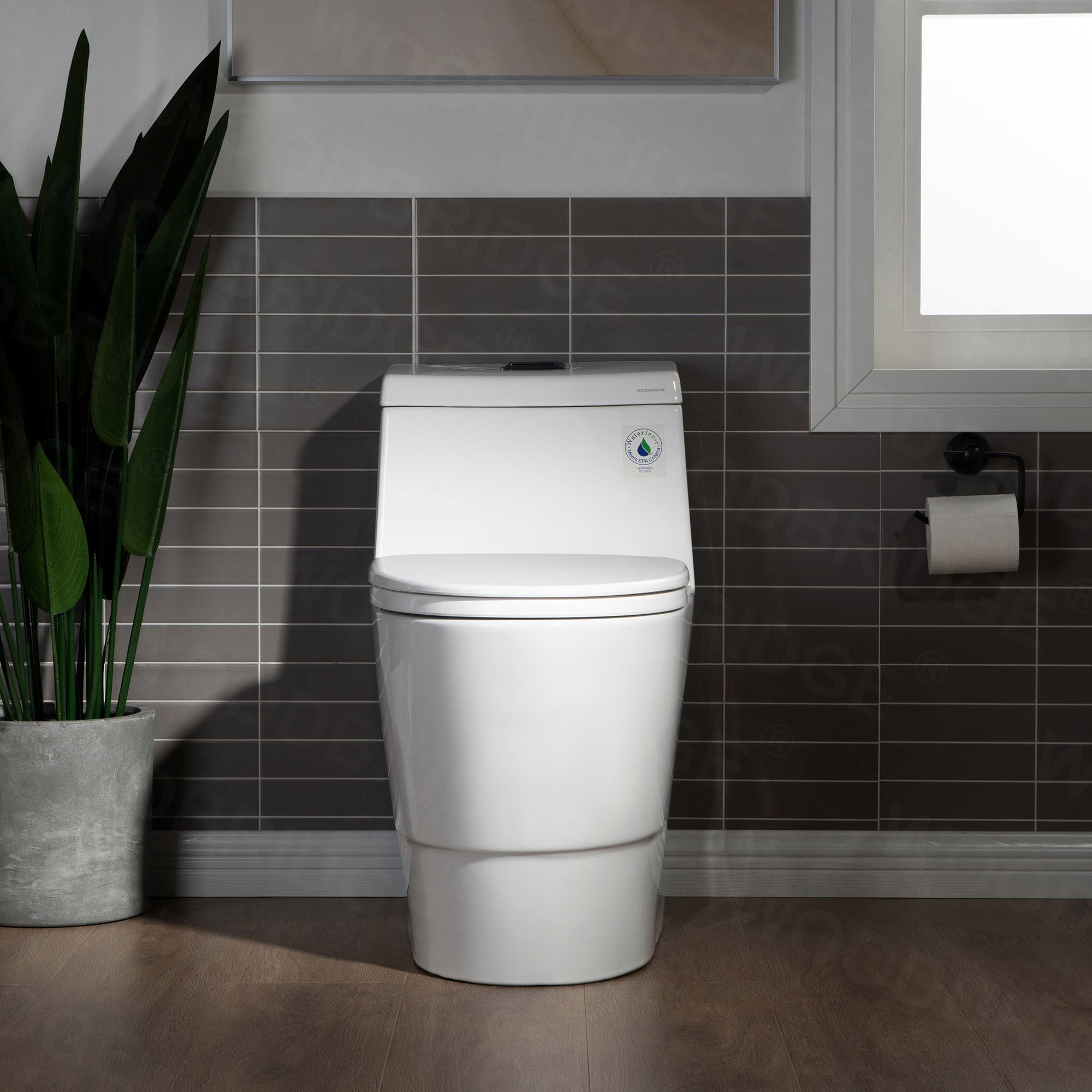 WOODBRIDGE One Piece, 1.28 GPF Dual, Chair Height, Water Sensed, 1000 Gram MaP Flushing Score Toilet with Matte Black Button T0001-MB, White (2 -Pack)