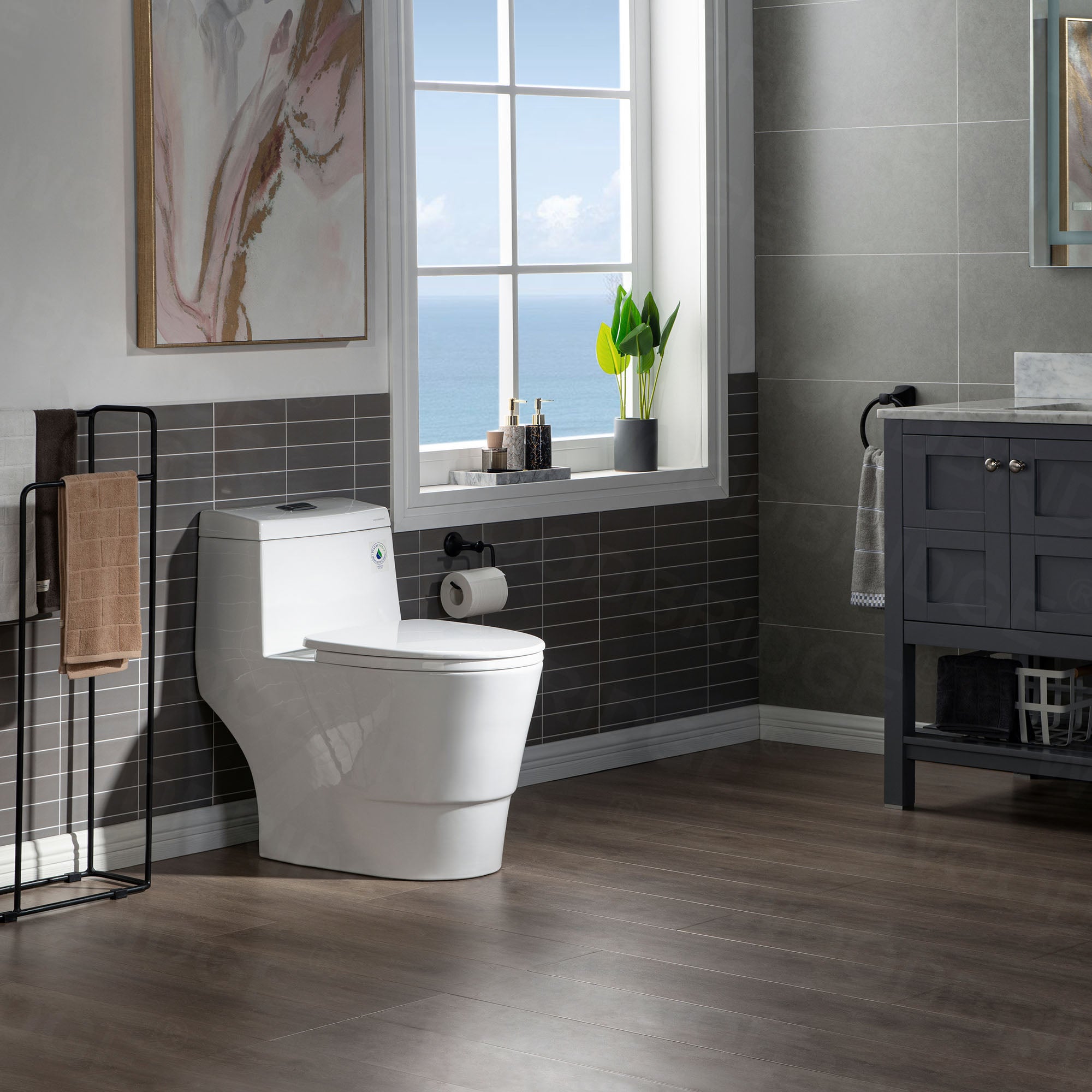 WOODBRIDGE One Piece, 1.28 GPF Dual, Chair Height, Water Sensed, 1000 Gram MaP Flushing Score Toilet with Matte Black Button T0001-MB, White (2 -Pack)
