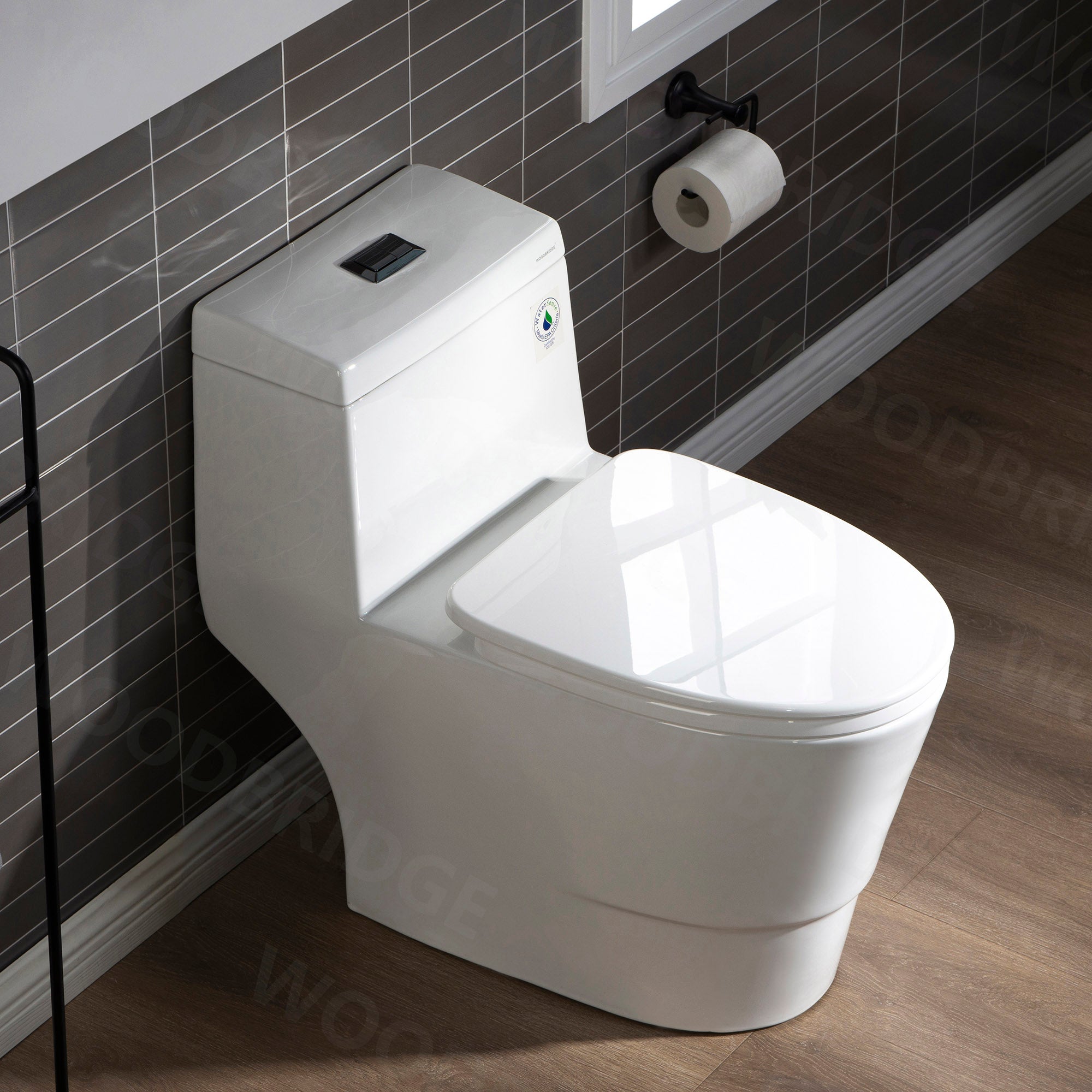WOODBRIDGE One Piece, 1.28 GPF Dual, Chair Height, Water Sensed, 1000 Gram MaP Flushing Score Toilet with Matte Black Button T0001-MB, White (2 -Pack)