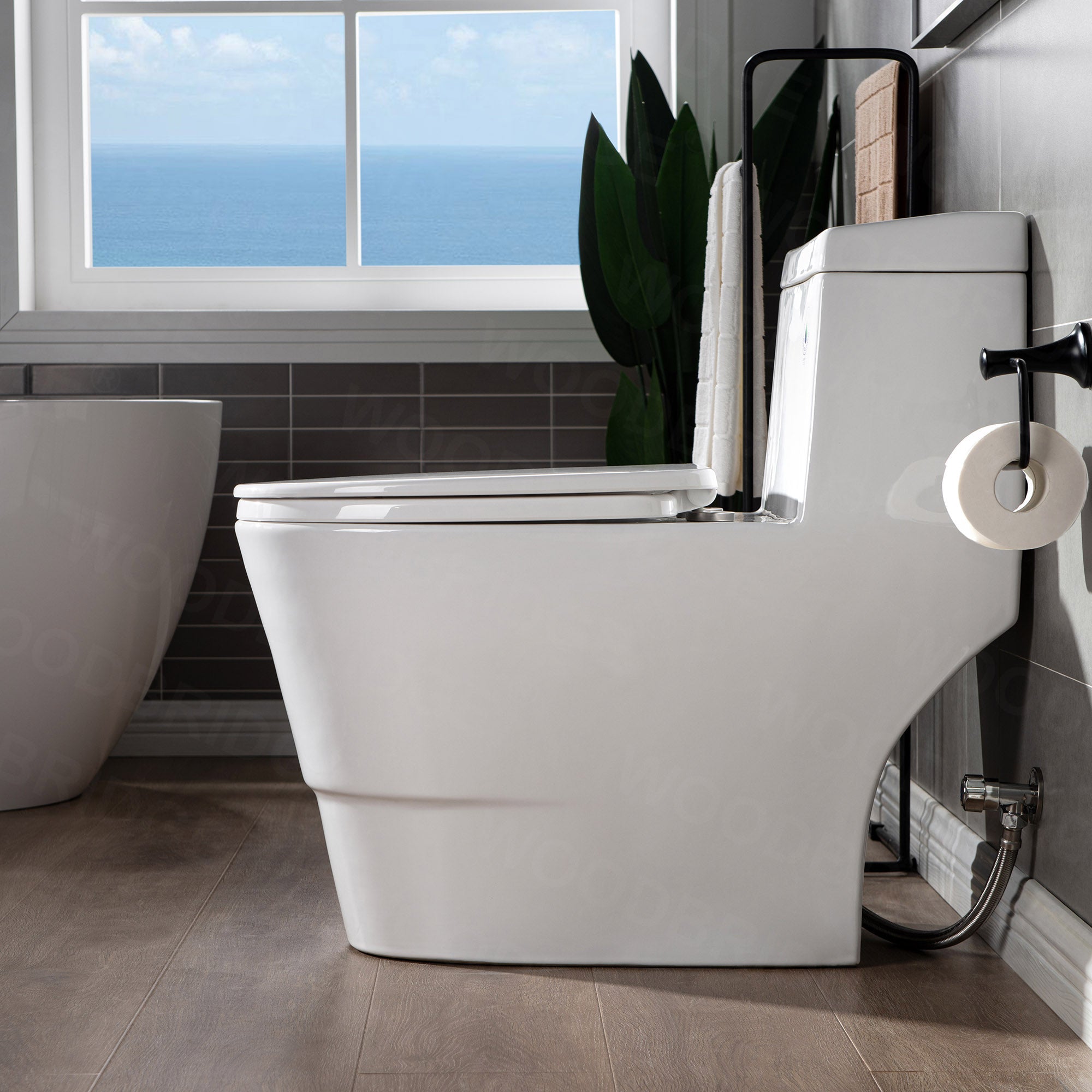 WOODBRIDGE One Piece, 1.28 GPF Dual, Chair Height, Water Sensed, 1000 Gram MaP Flushing Score Toilet with Matte Black Button T0001-MB, White (2 -Pack)