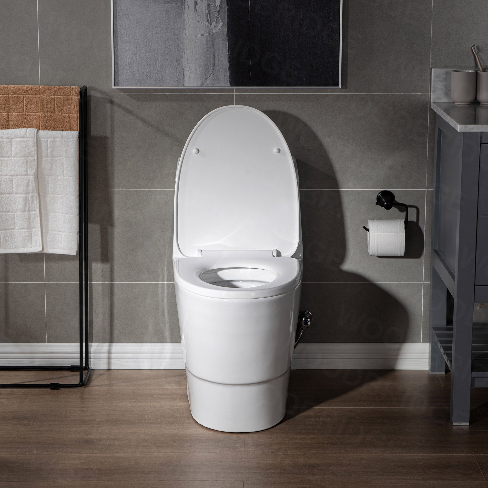 WOODBRIDGE One Piece, 1.28 GPF Dual, Chair Height, Water Sensed, 1000 Gram MaP Flushing Score Toilet with Matte Black Button T0001-MB, White (2 -Pack)
