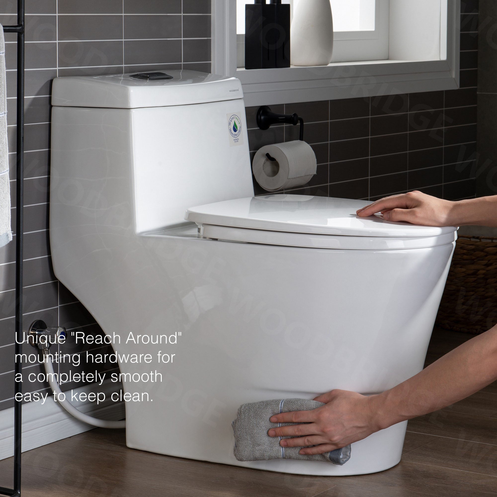 WOODBRIDGE One Piece, 1.28 GPF Dual, Chair Height, Water Sensed, 1000 Gram MaP Flushing Score Toilet with Matte Black Button T0001-MB, White (2 -Pack)