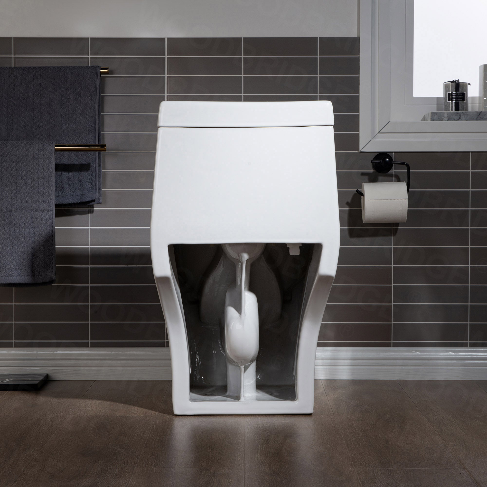 WOODBRIDGE One Piece, 1.28 GPF Dual, Chair Height, Water Sensed, 1000 Gram MaP Flushing Score Toilet with Matte Black Button T0001-MB, White (2 -Pack)