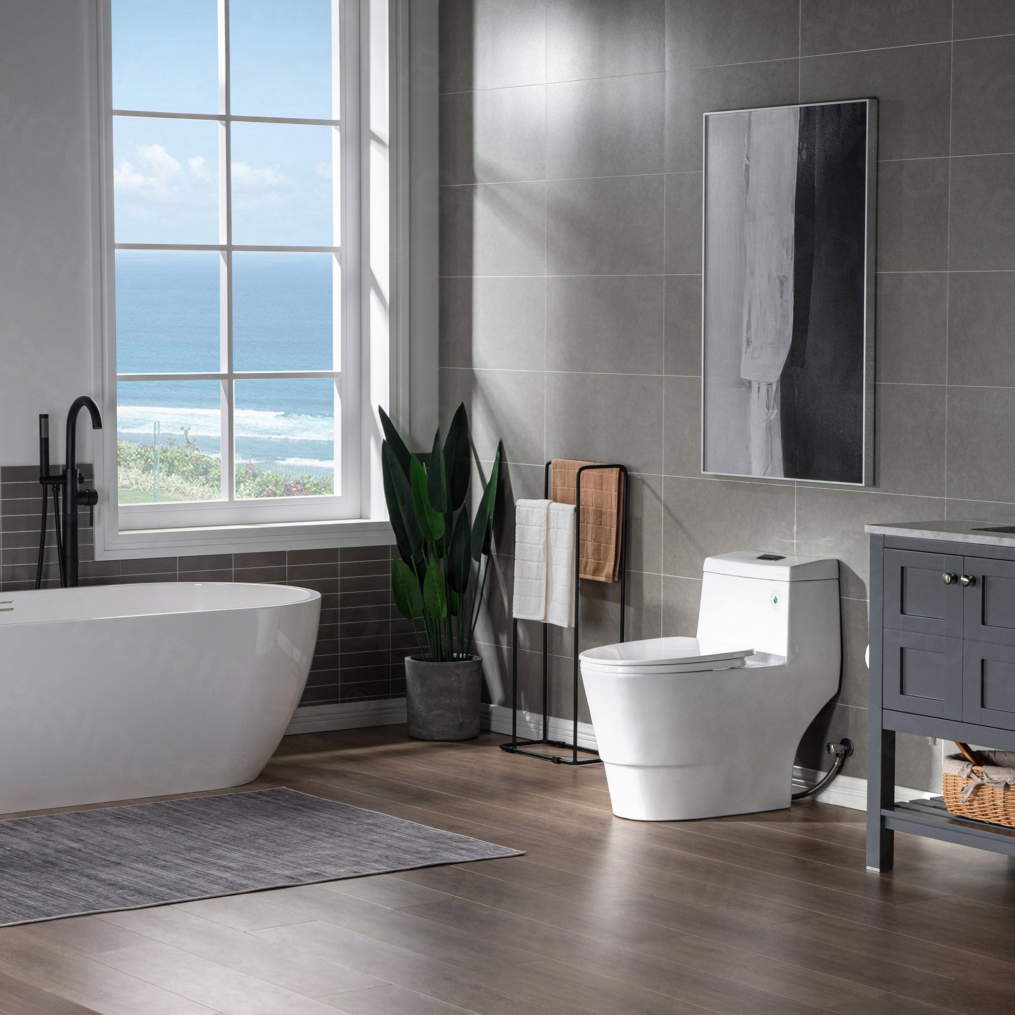 WOODBRIDGE One Piece, 1.28 GPF Dual, Chair Height, Water Sensed, 1000 Gram MaP Flushing Score Toilet with Matte Black Button T0001-MB, White (2 -Pack)