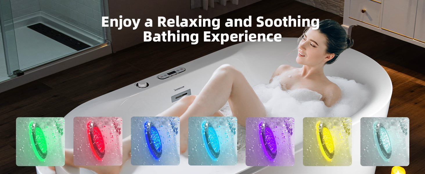 WOODBRIDGE 59" x 31-1/2" Whirlpool Water Jetted and Air Bubble Freestanding Heated Soaking Combination Bathtub with LED control panel