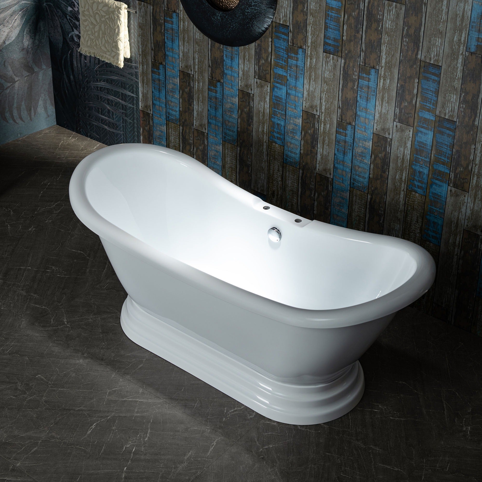 WOODBRIDGE 69 1/4" Acrylic Double Slipper,Pedestal Freestanding Tub with Drain & Overflow, B1539