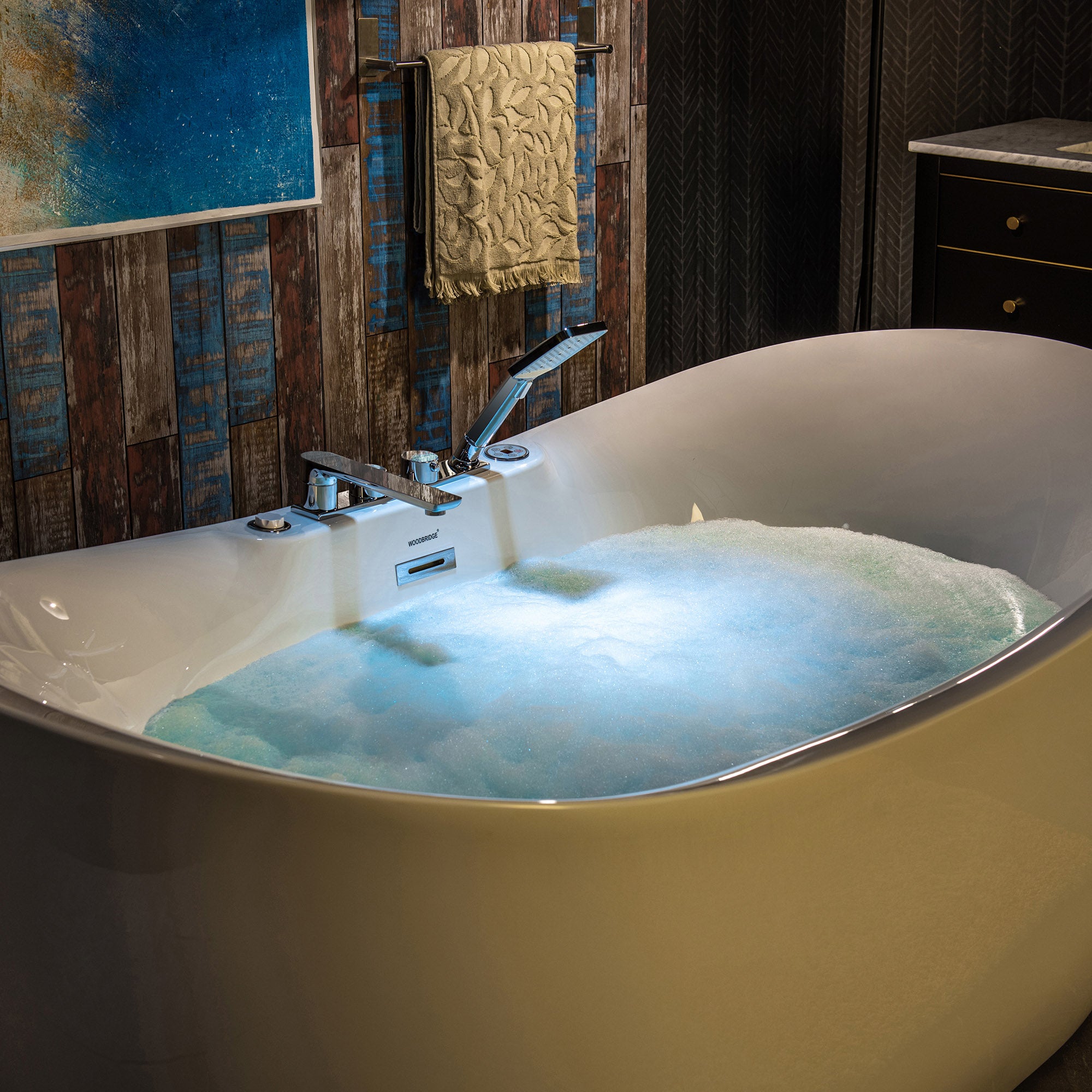WOODBRIDGE 72" Whirlpool & Air Bubble Freestanding Heated Combination Bathtub with Tub Filler & LED Control Panel, BJ400+F0041CH