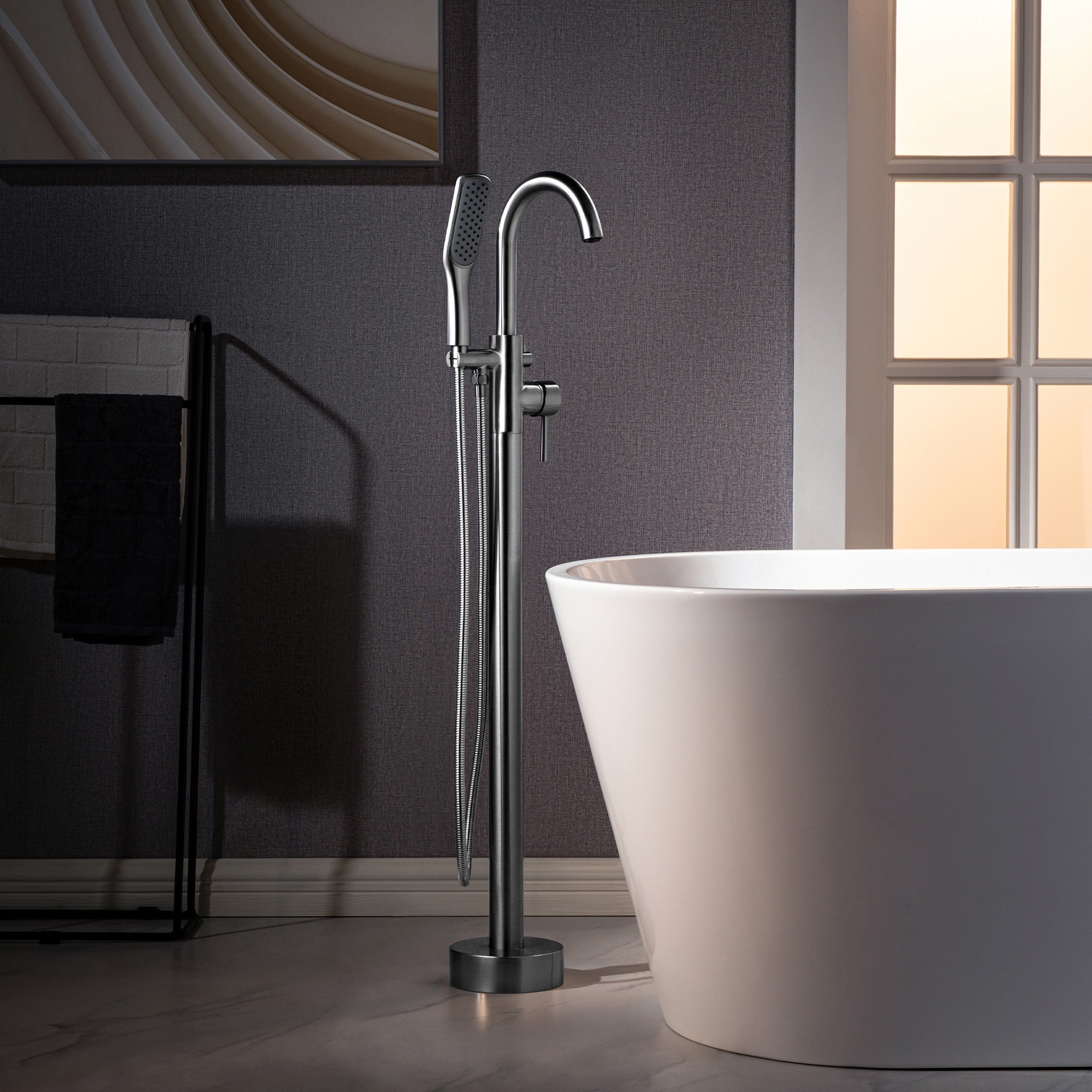 WOODBRIDGE Fusion Single Handle Floor Mount Freestanding Tub Filler Faucet with Square Comfort Grip Hand Shower