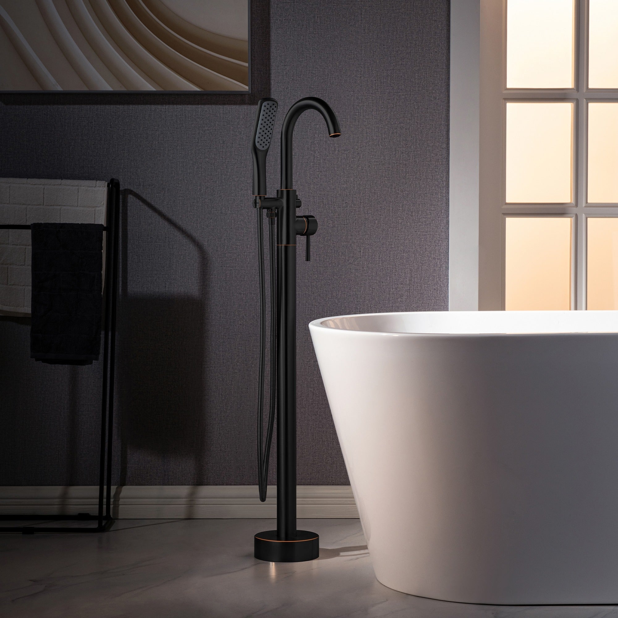 WOODBRIDGE Fusion Single Handle Floor Mount Freestanding Tub Filler Faucet with Square Comfort Grip Hand Shower