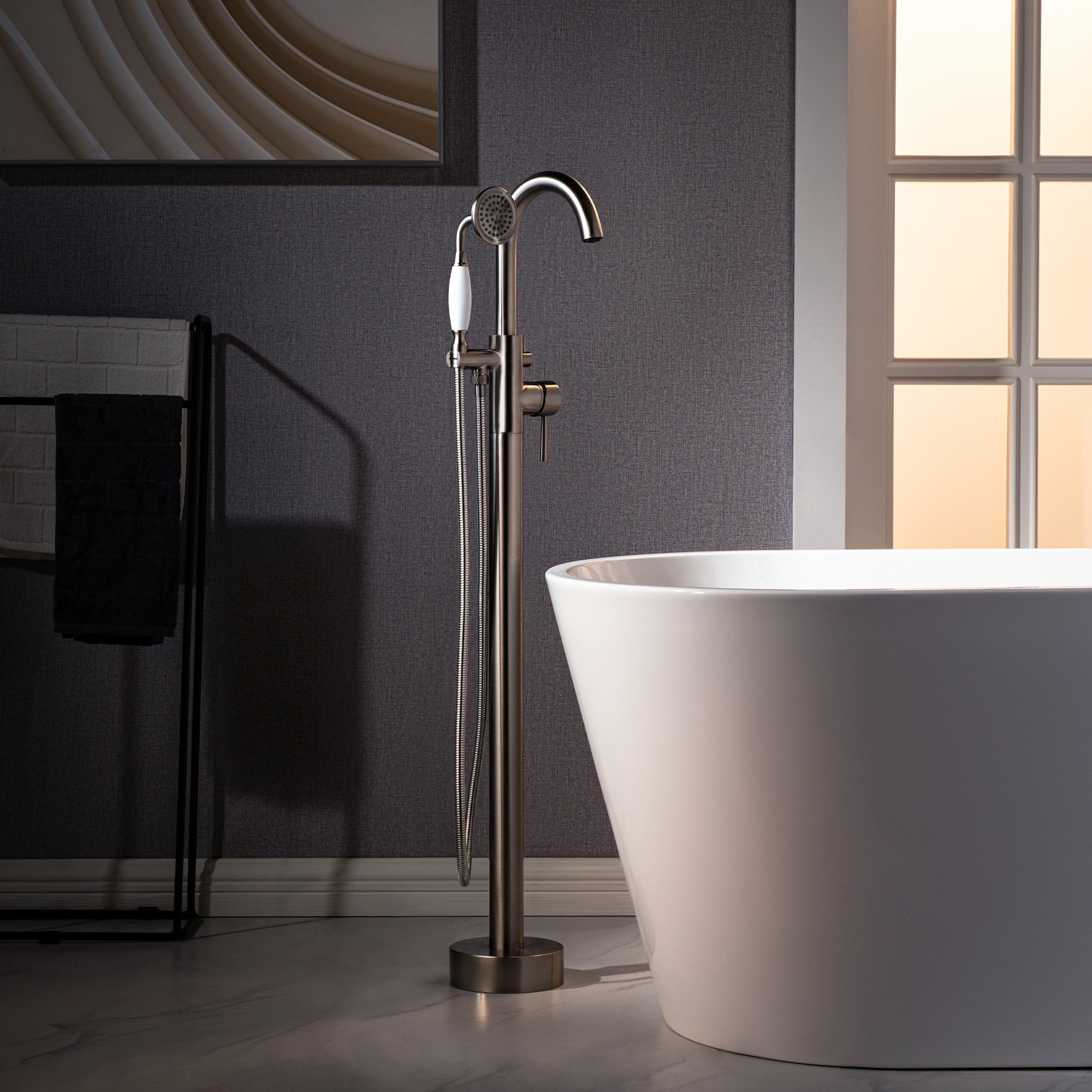 WOODBRIDGE Fusion Single Handle Floor Mount Freestanding Tub Filler Faucet with Telephone Hand shower