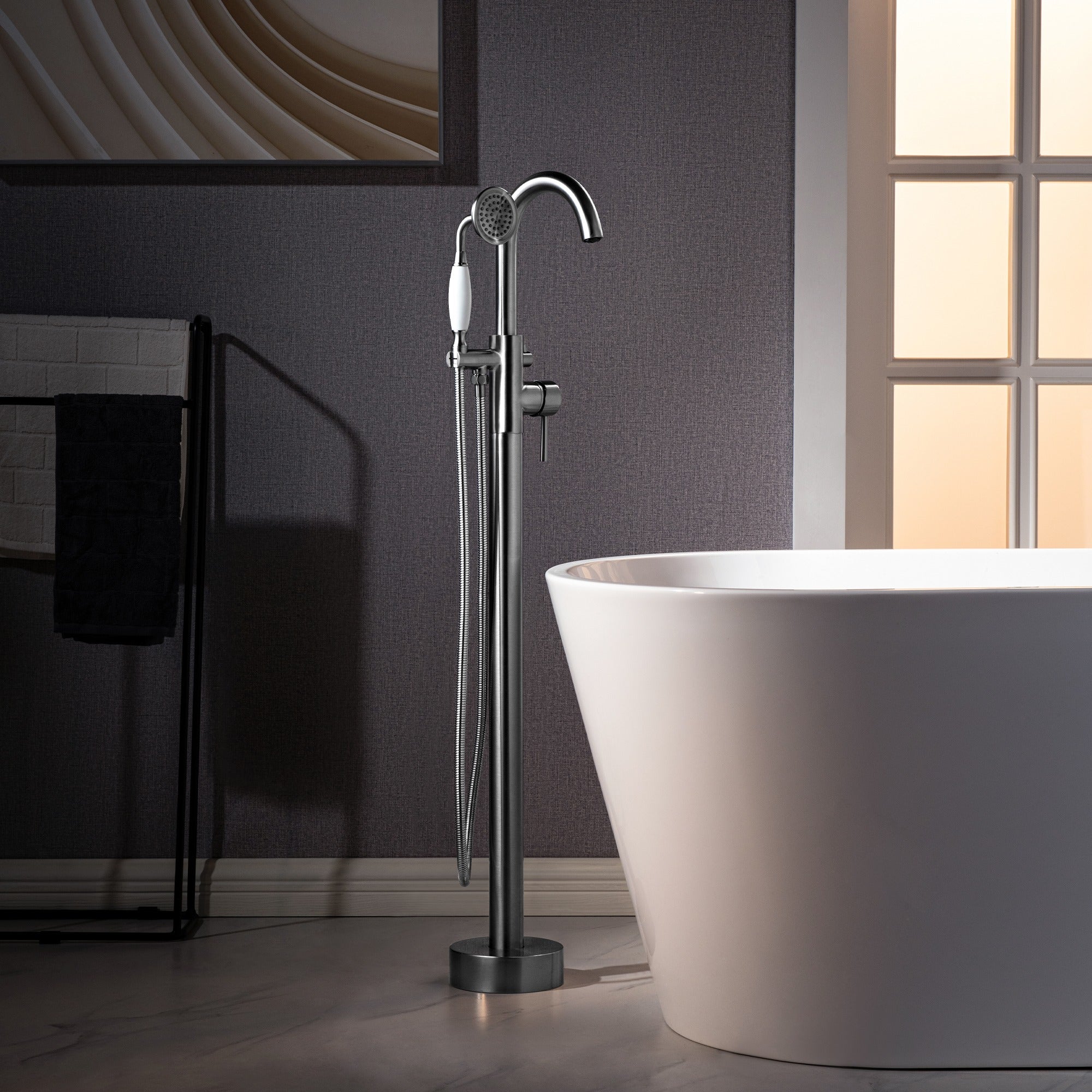 WOODBRIDGE Fusion Single Handle Floor Mount Freestanding Tub Filler Faucet with Telephone Hand shower
