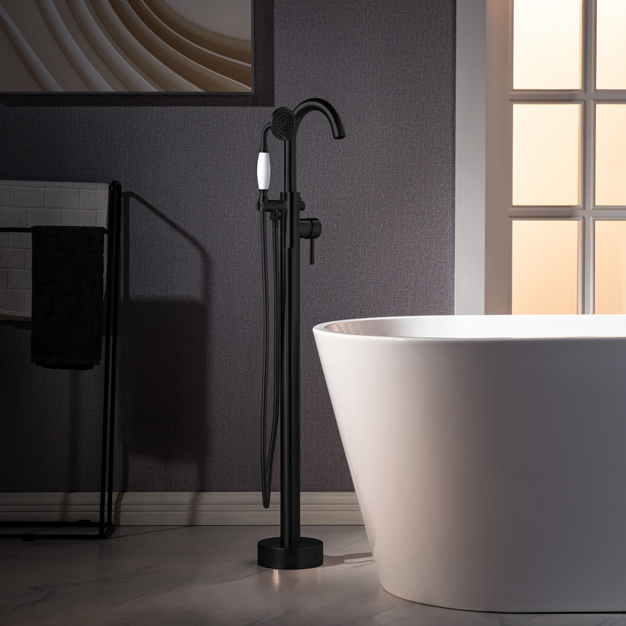 WOODBRIDGE Fusion Single Handle Floor Mount Freestanding Tub Filler Faucet with Telephone Hand shower